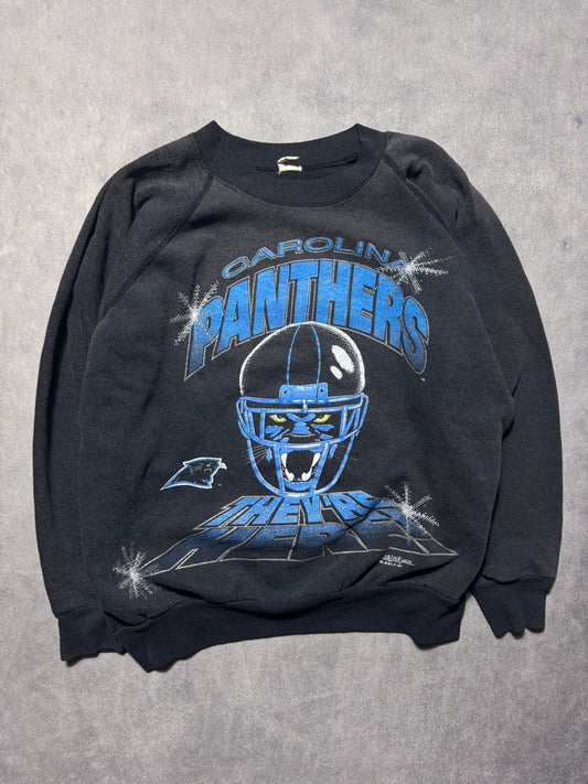 1993 Carolina Panthers Vintage Faded Black “They’re Here!” Franchise Announcement NFL Crewneck (Small)