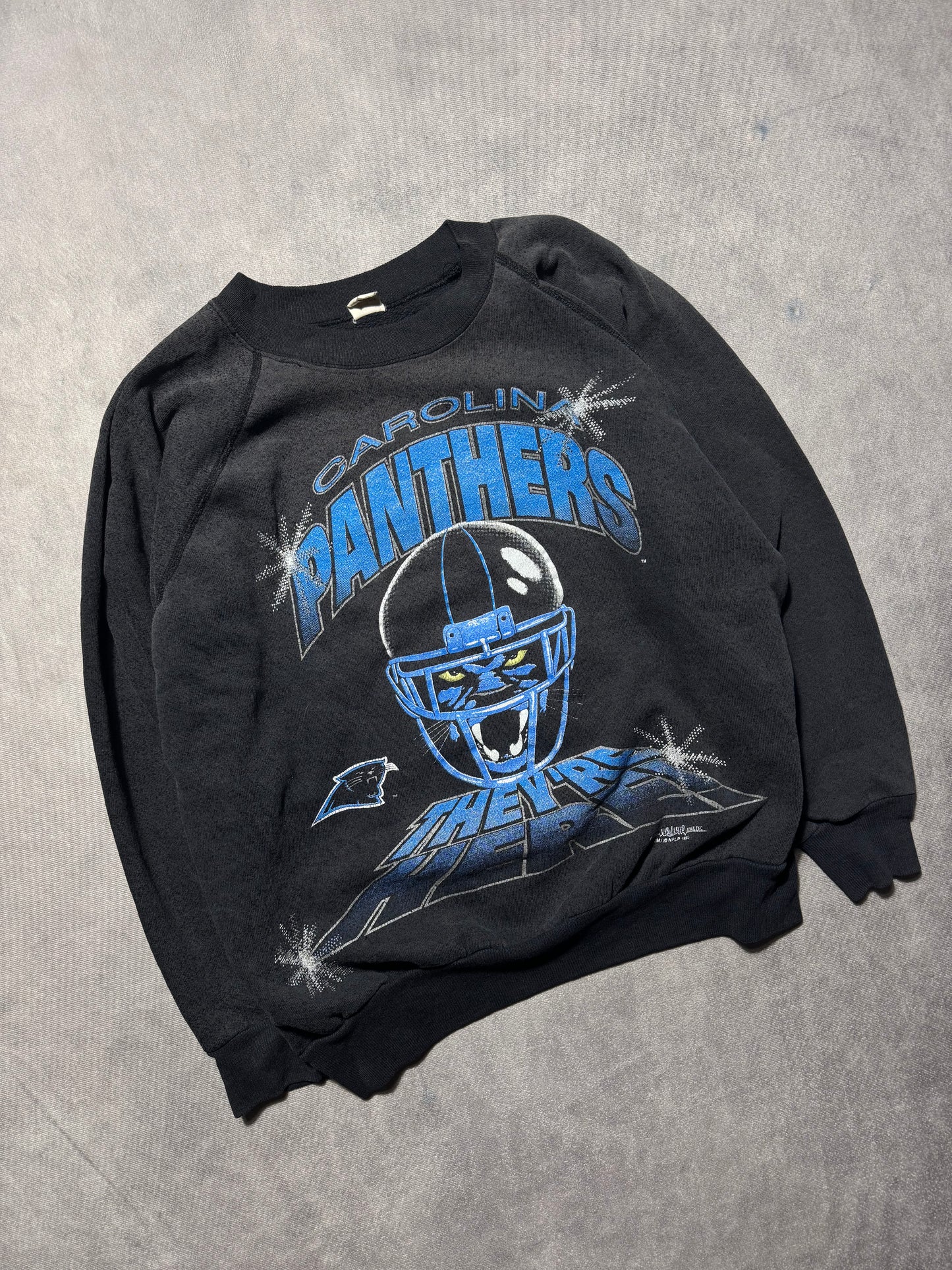 1993 Carolina Panthers Vintage Faded Black “They’re Here!” Franchise Announcement NFL Crewneck (Small)