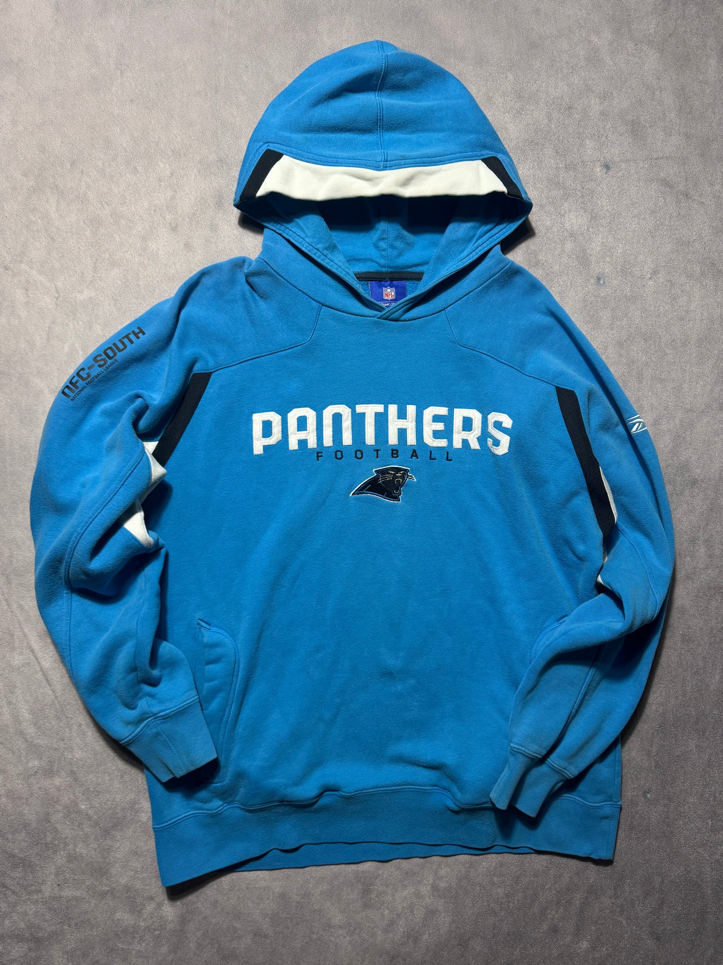 00’s Carolina Panthers Vintage Blue Reebok Full Embroidered Heavyweight NFL Sideline Hoodie (Large)