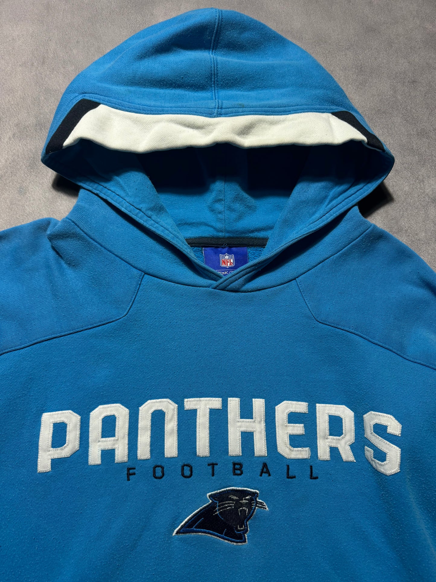 00’s Carolina Panthers Vintage Blue Reebok Full Embroidered Heavyweight NFL Sideline Hoodie (Large)
