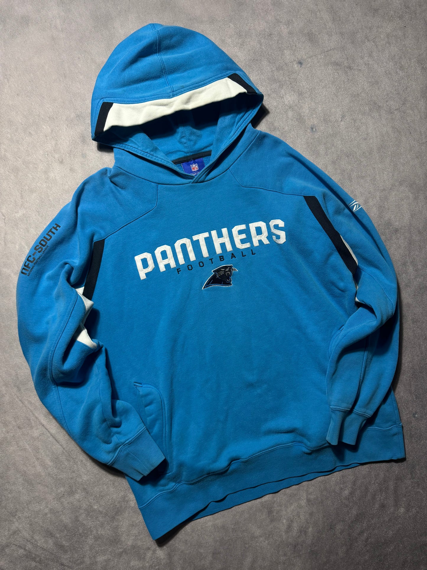 00’s Carolina Panthers Vintage Blue Reebok Full Embroidered Heavyweight NFL Sideline Hoodie (Large)