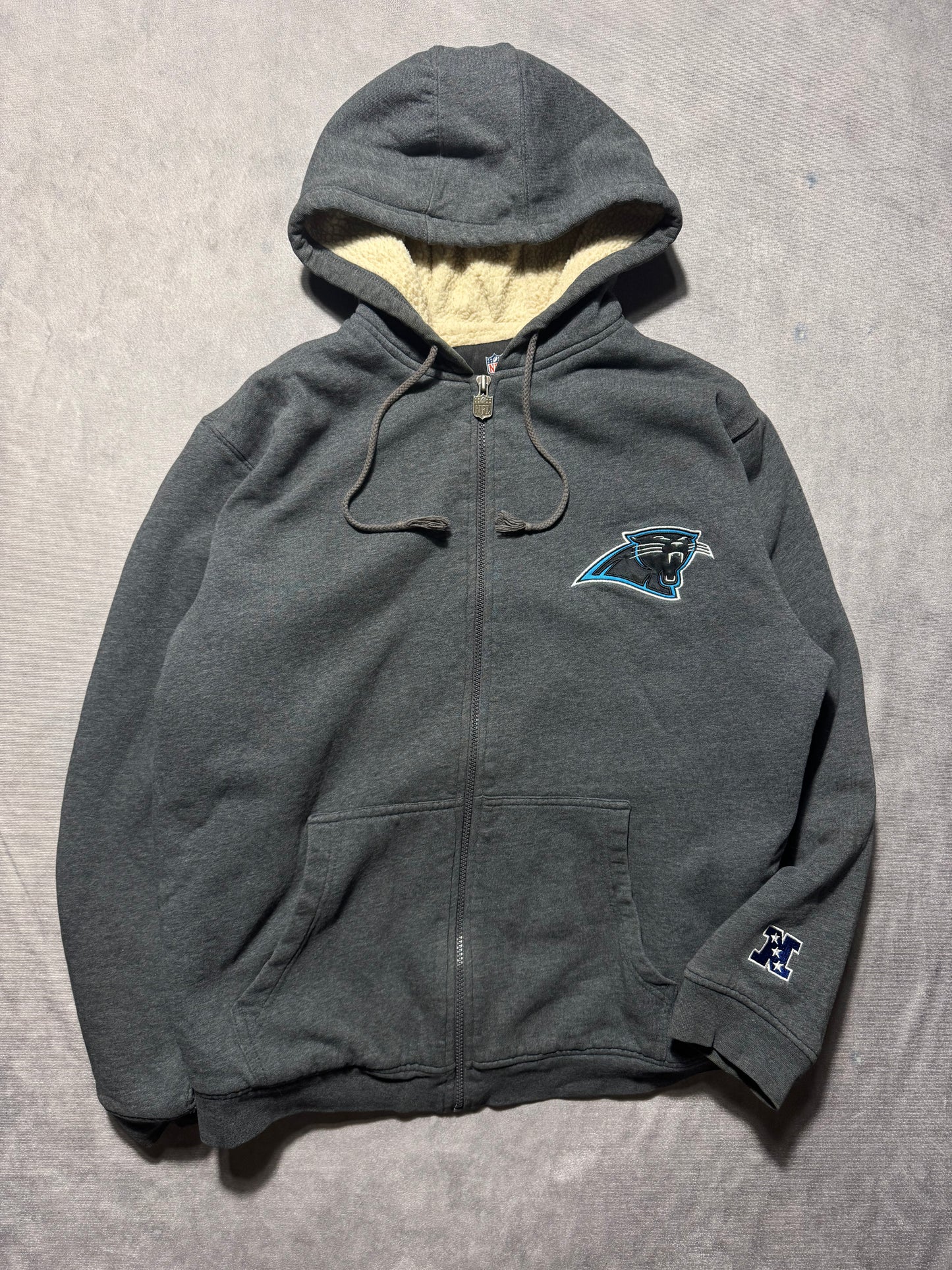 00’s Carolina Panthers Vintage Grey Cat Scratch Font Embroidered Sherpa Lined Heavyweight NFL Hoodie (Medium)