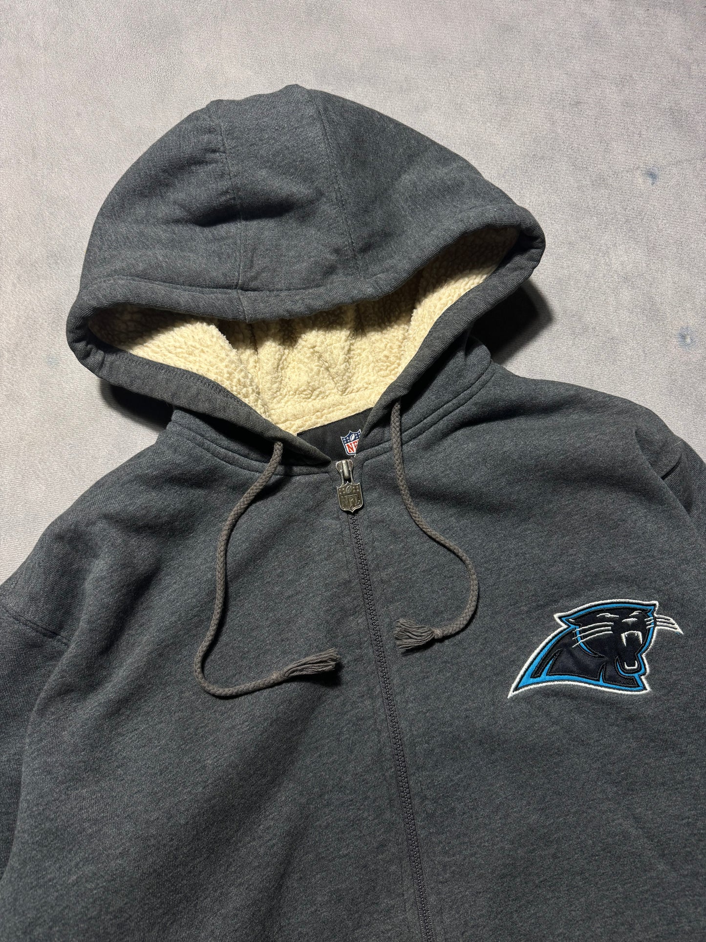 00’s Carolina Panthers Vintage Grey Cat Scratch Font Embroidered Sherpa Lined Heavyweight NFL Hoodie (Medium)