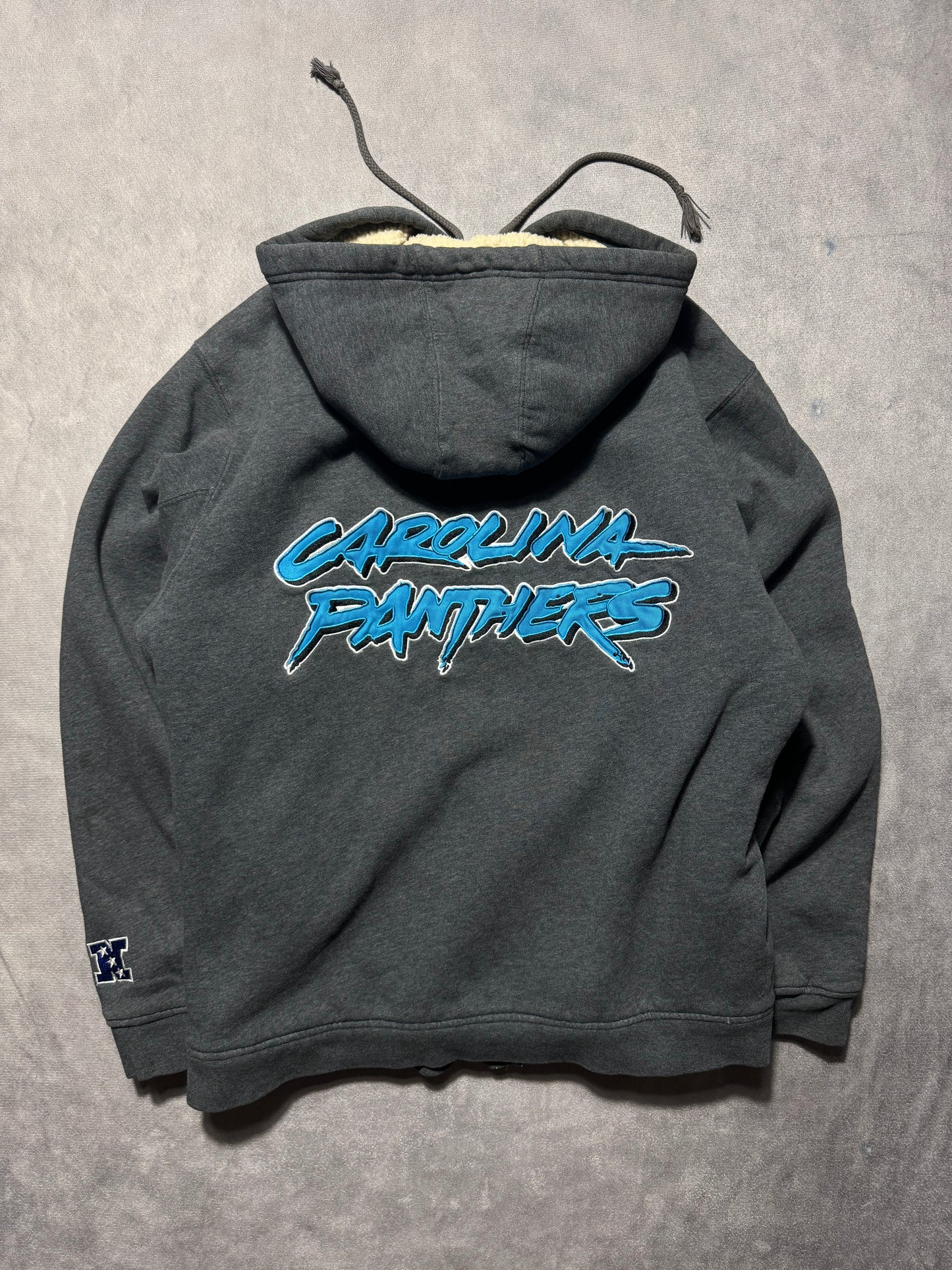 00’s Carolina Panthers Vintage Grey Cat Scratch Font Embroidered Sherpa Lined Heavyweight NFL Hoodie (Medium)