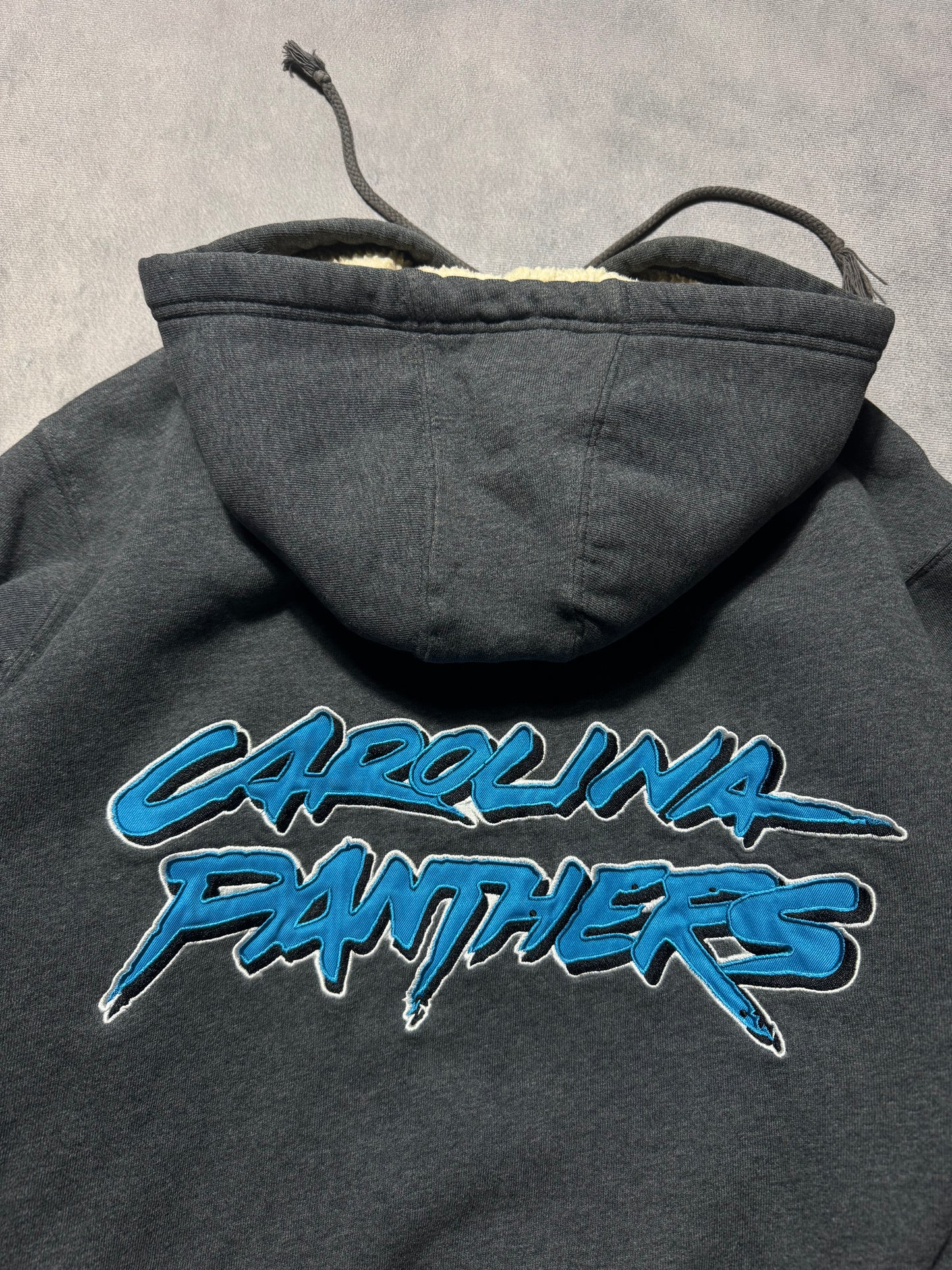 00’s Carolina Panthers Vintage Grey Cat Scratch Font Embroidered Sherpa Lined Heavyweight NFL Hoodie (Medium)
