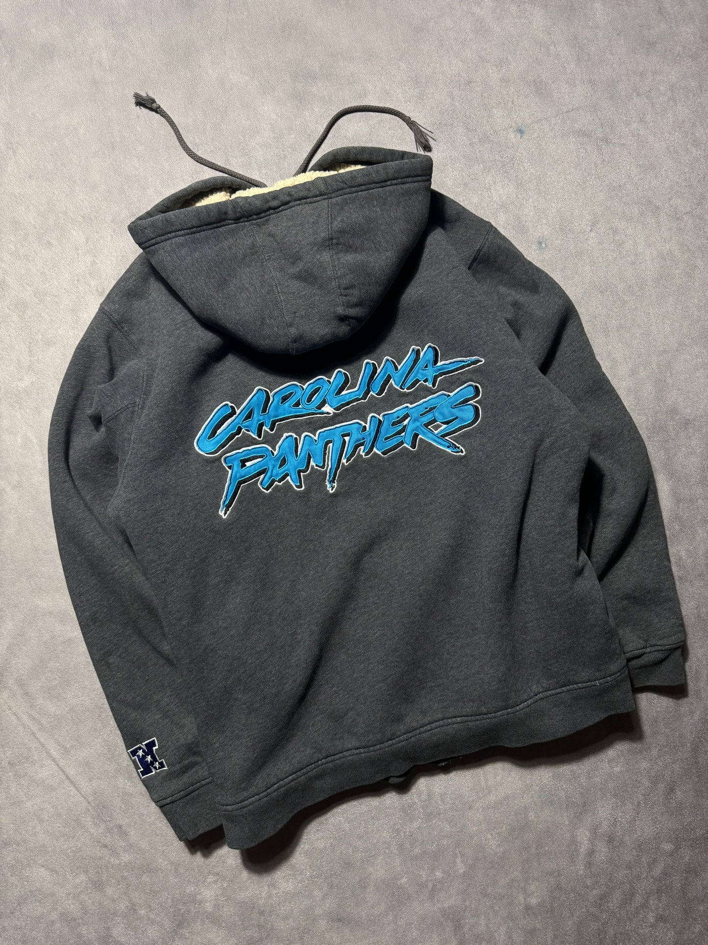 00’s Carolina Panthers Vintage Grey Cat Scratch Font Embroidered Sherpa Lined Heavyweight NFL Hoodie (Medium)