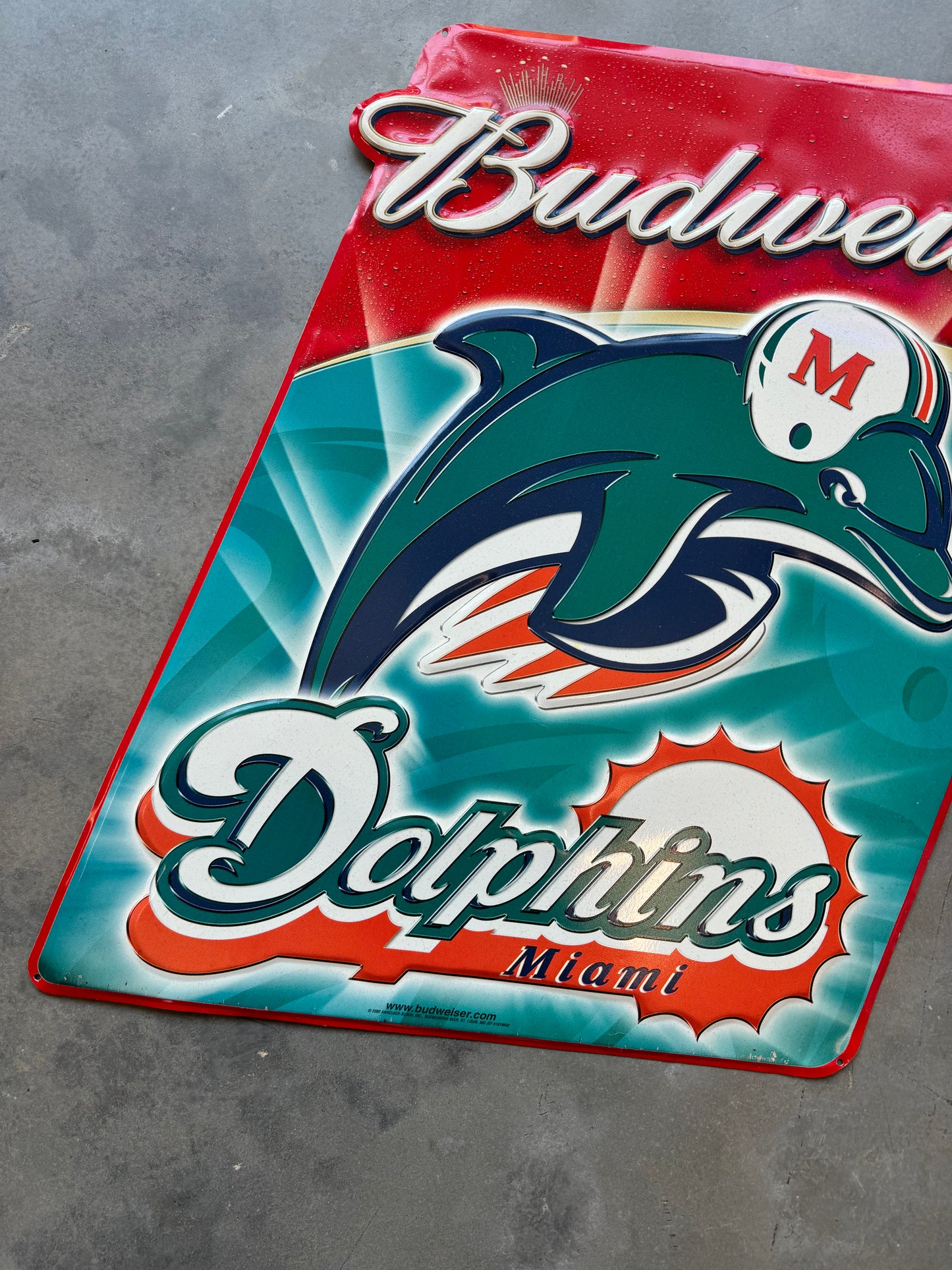 2002 Miami Dolphins Vintage Budweiser Tin NFL Advertising Sign