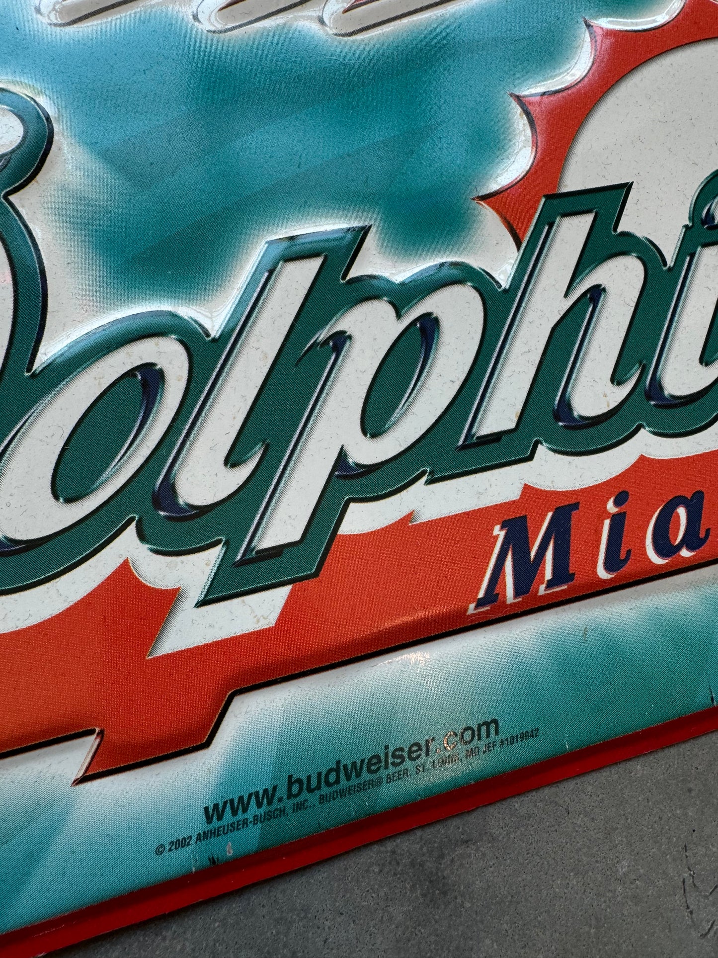 2002 Miami Dolphins Vintage Budweiser Tin NFL Advertising Sign