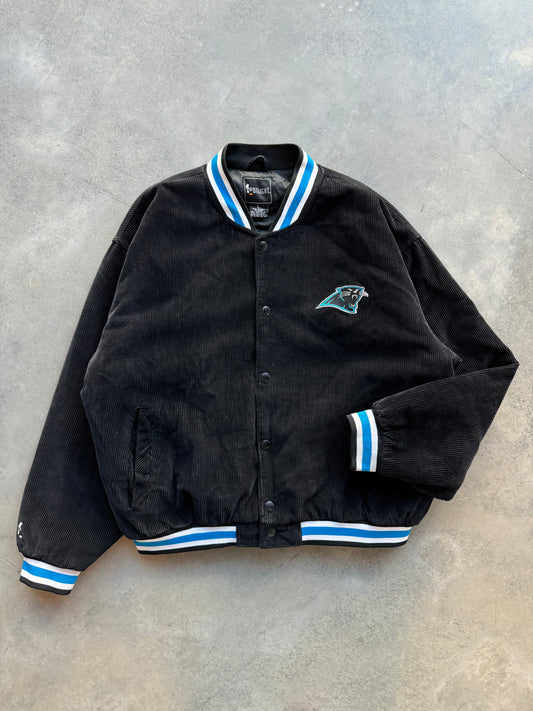 90’s Carolina Panthers Vintage Black Corduroy Arch Spellout NFL Jacket (Large)