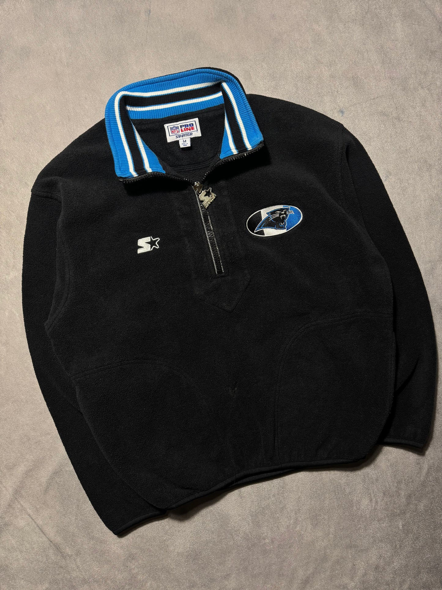 90’s Carolina Panthers Vintage Black Starter Embroidered Half Zip NFL Fleece Pullover (Medium)