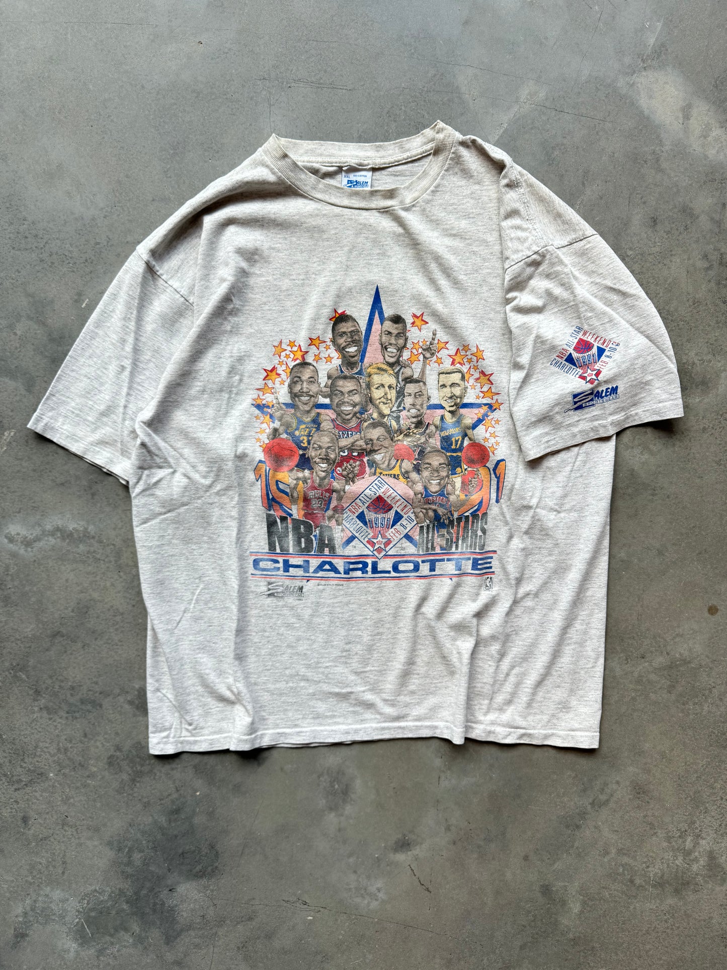 1991 Charlotte NBA All Star Weekend Vintage Heather Grey Salem Sportswear Caricature Tee (XL)