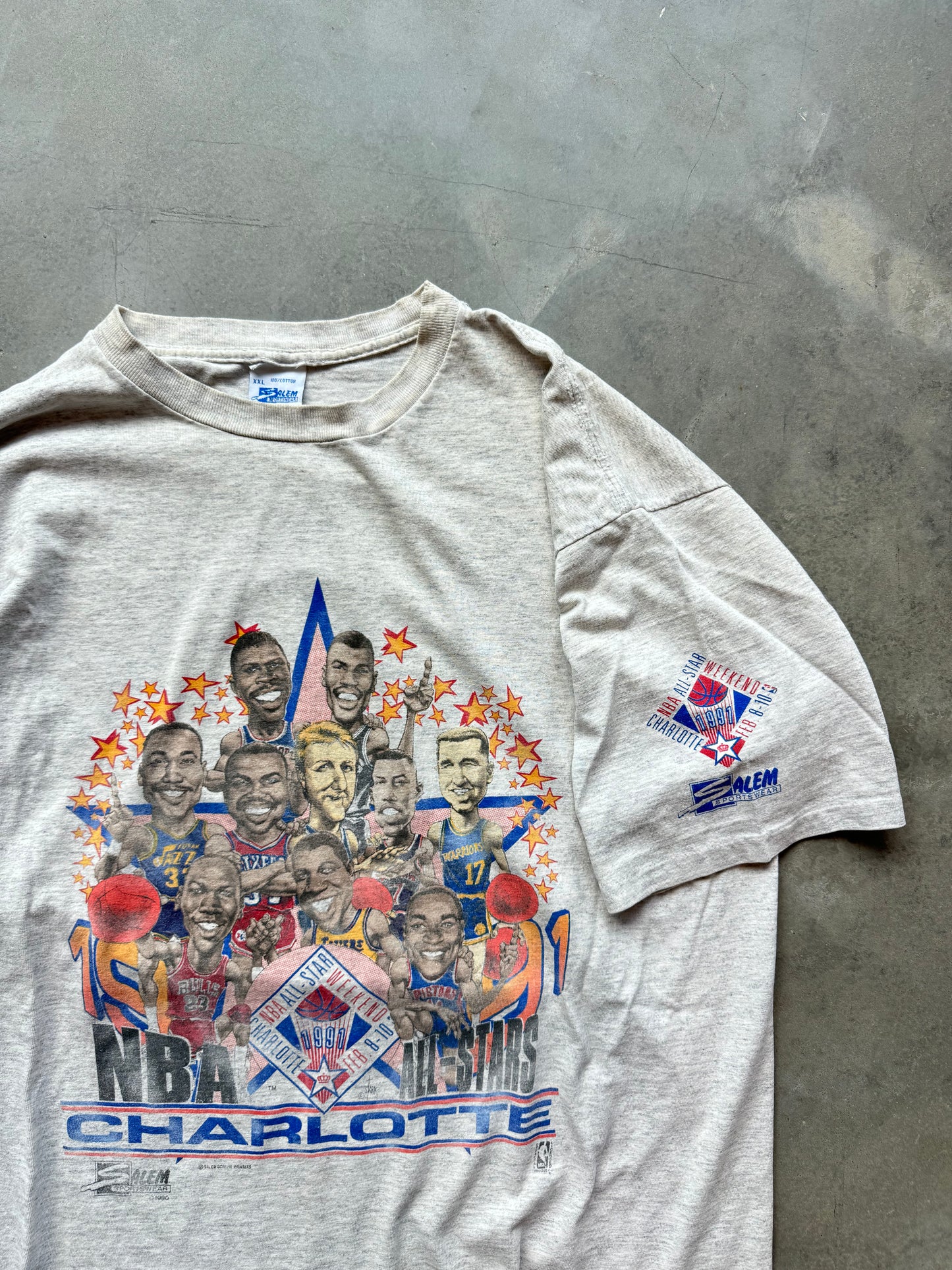 1991 Charlotte NBA All Star Weekend Vintage Heather Grey Salem Sportswear Caricature Tee (XL)