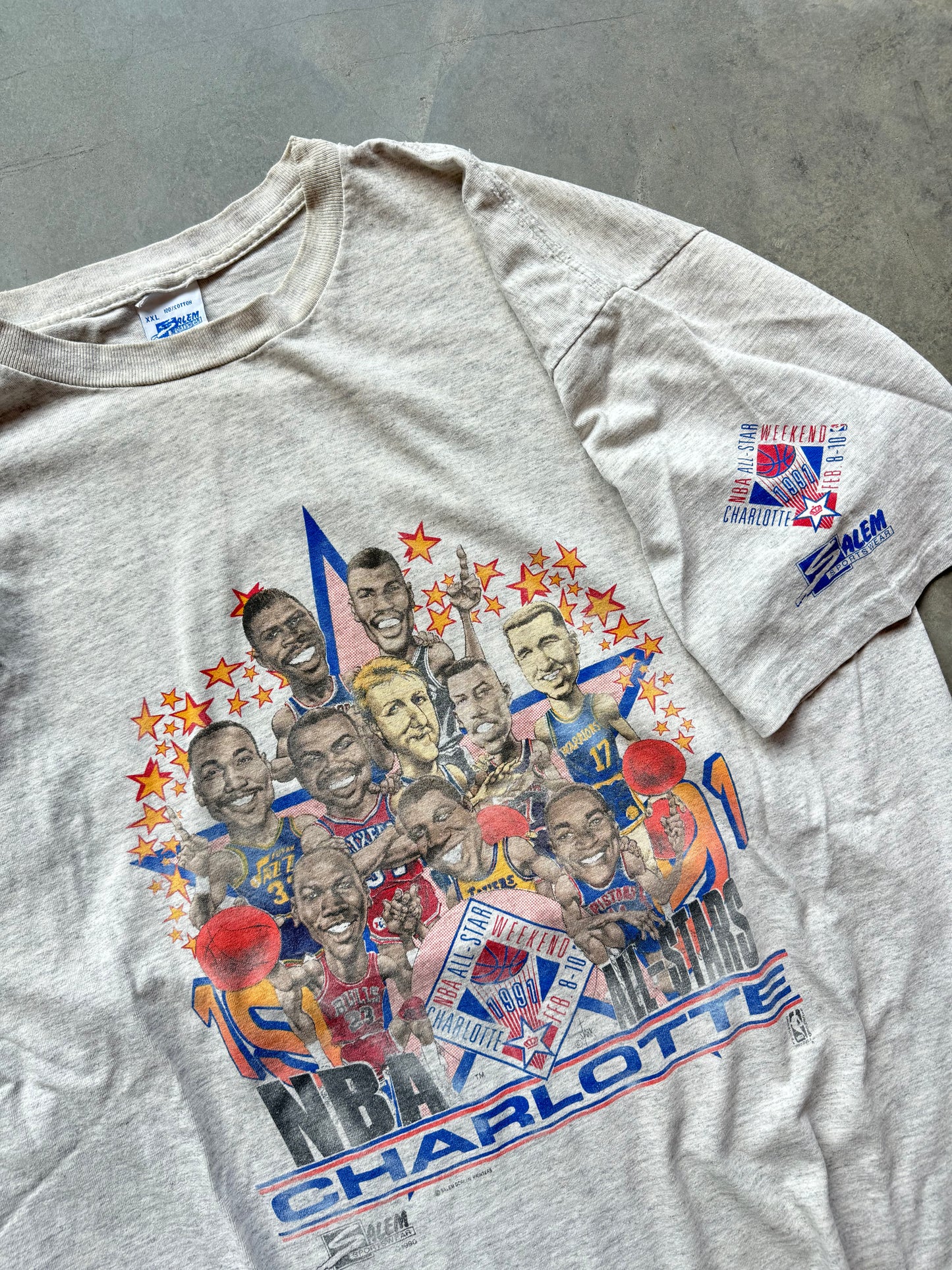 1991 Charlotte NBA All Star Weekend Vintage Heather Grey Salem Sportswear Caricature Tee (XL)