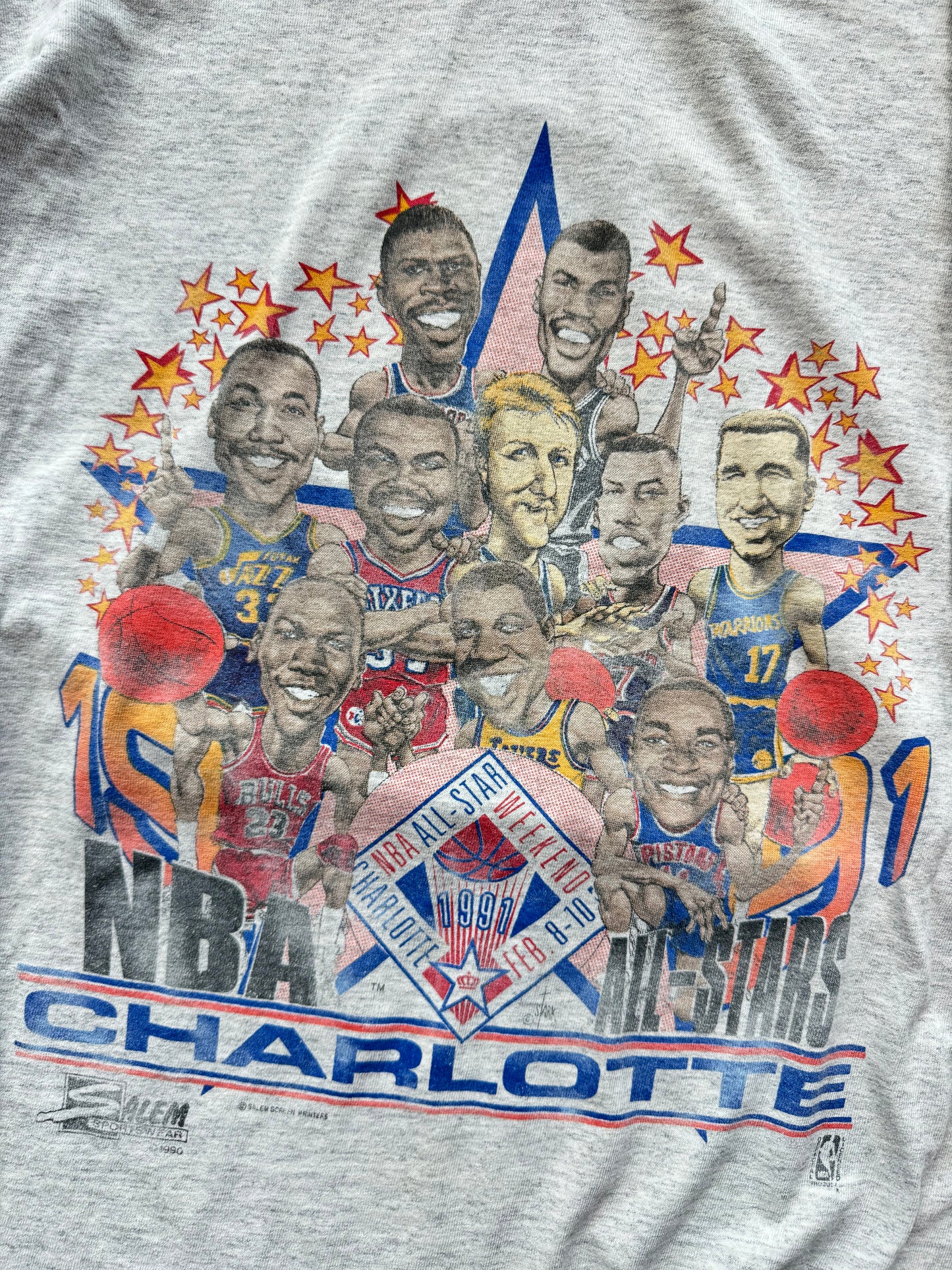 1991 Charlotte NBA All Star Weekend Vintage Heather Grey Salem Sportswear Caricature Tee (XL)