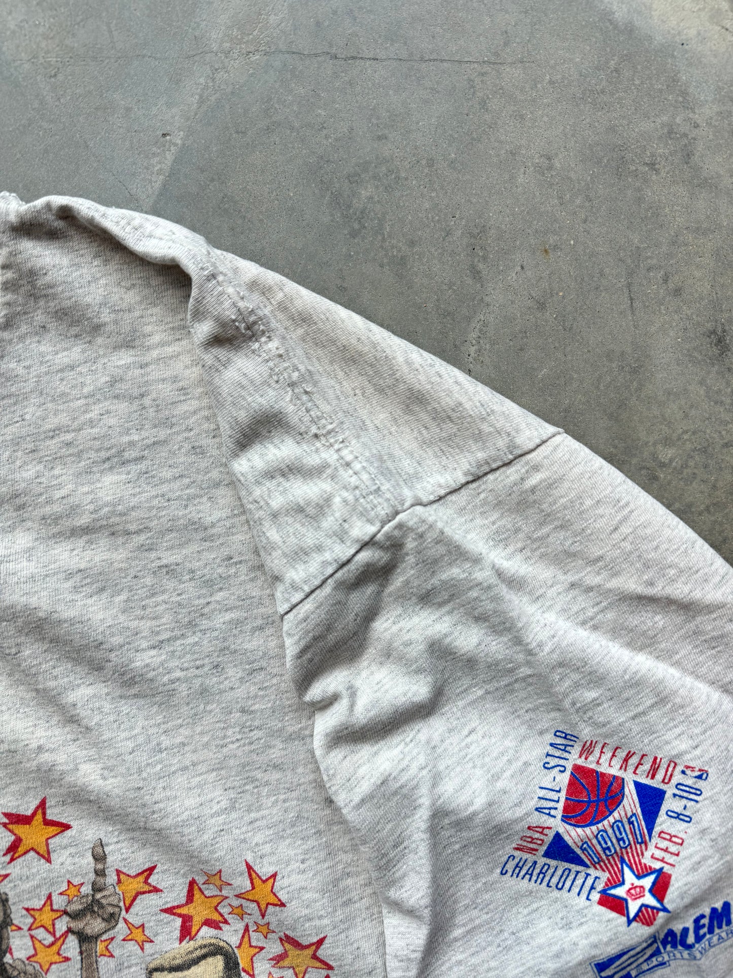 1991 Charlotte NBA All Star Weekend Vintage Heather Grey Salem Sportswear Caricature Tee (XL)
