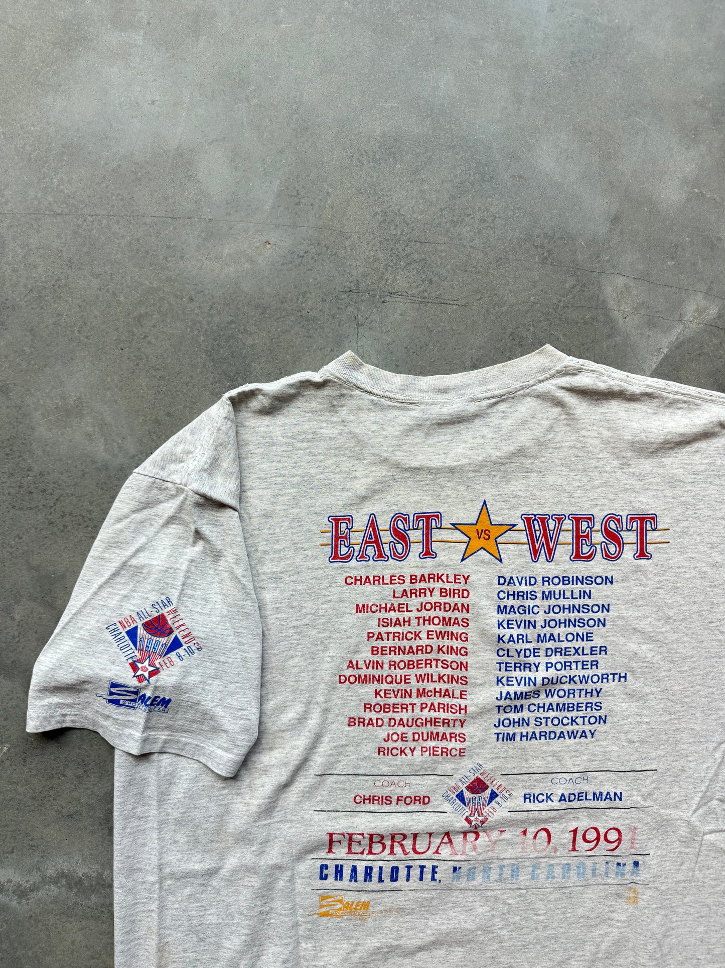 1991 Charlotte NBA All Star Weekend Vintage Heather Grey Salem Sportswear Caricature Tee (XL)