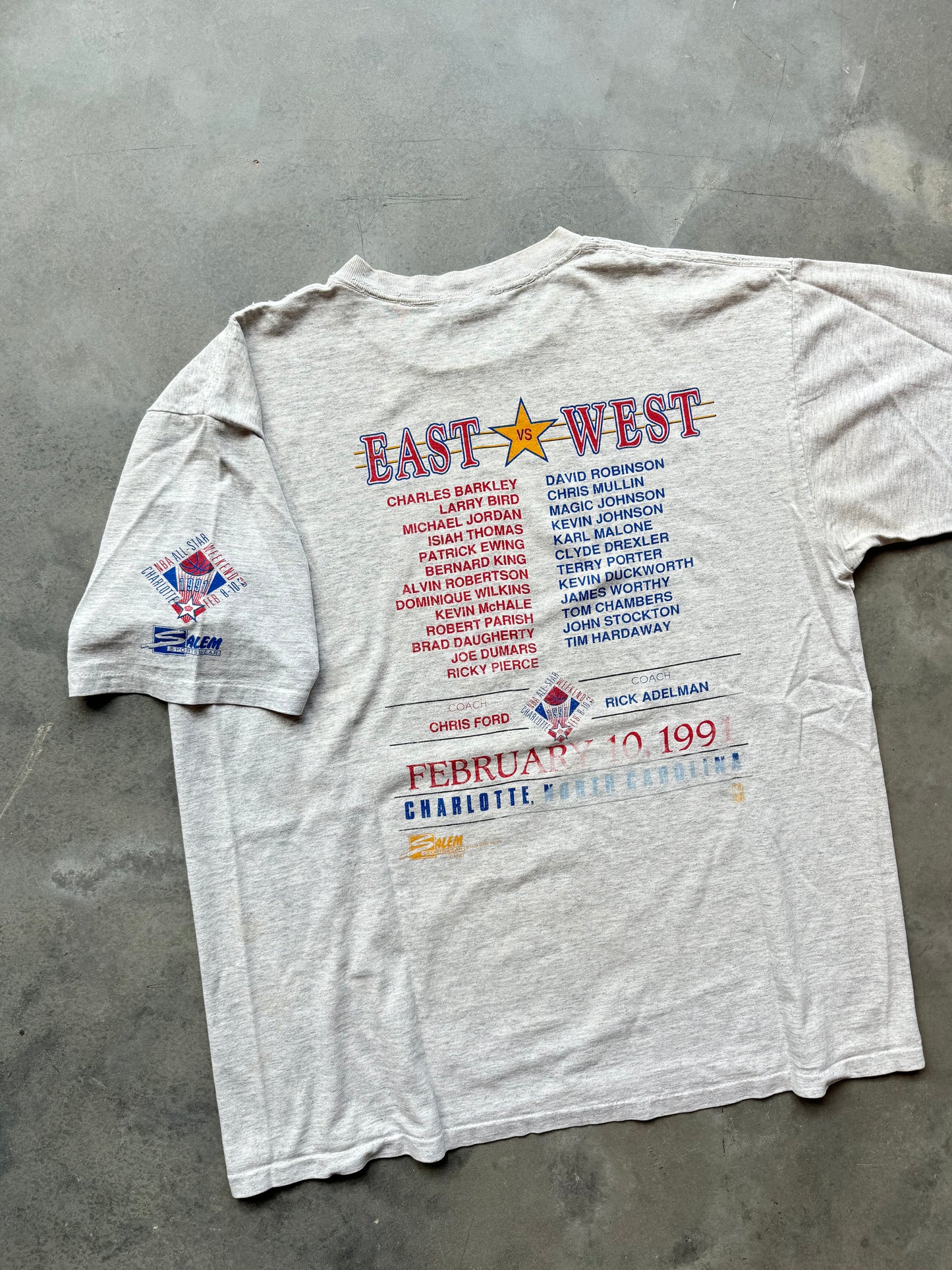 1991 Charlotte NBA All Star Weekend Vintage Heather Grey Salem Sportswear Caricature Tee (XL)
