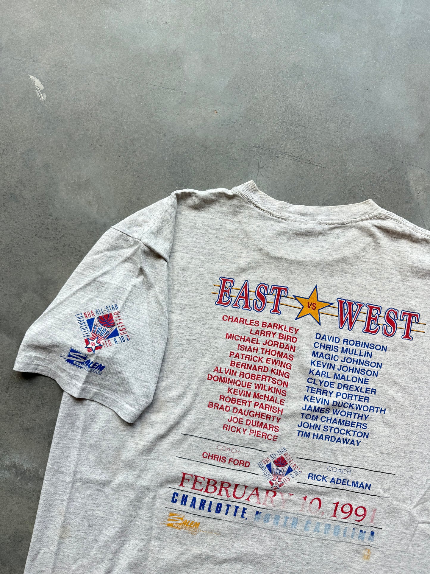 1991 Charlotte NBA All Star Weekend Vintage Heather Grey Salem Sportswear Caricature Tee (XL)