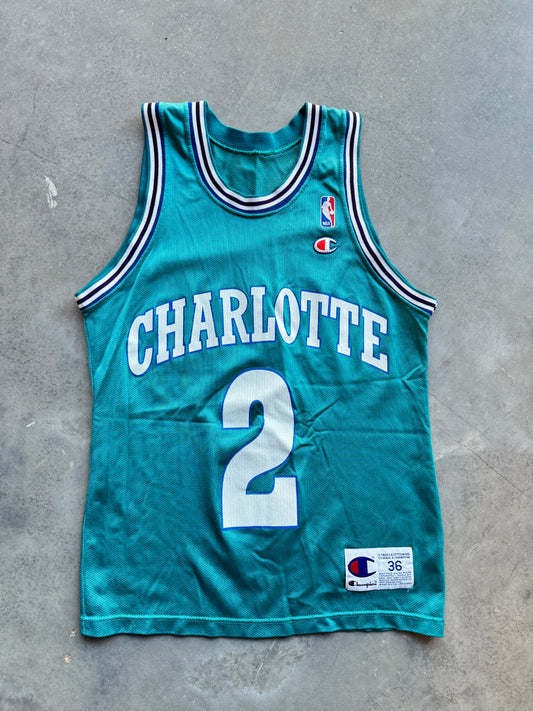 90’s Charlotte Hornets Larry Johnson Vintage Teal Champion NBA Jersey (36/Small)