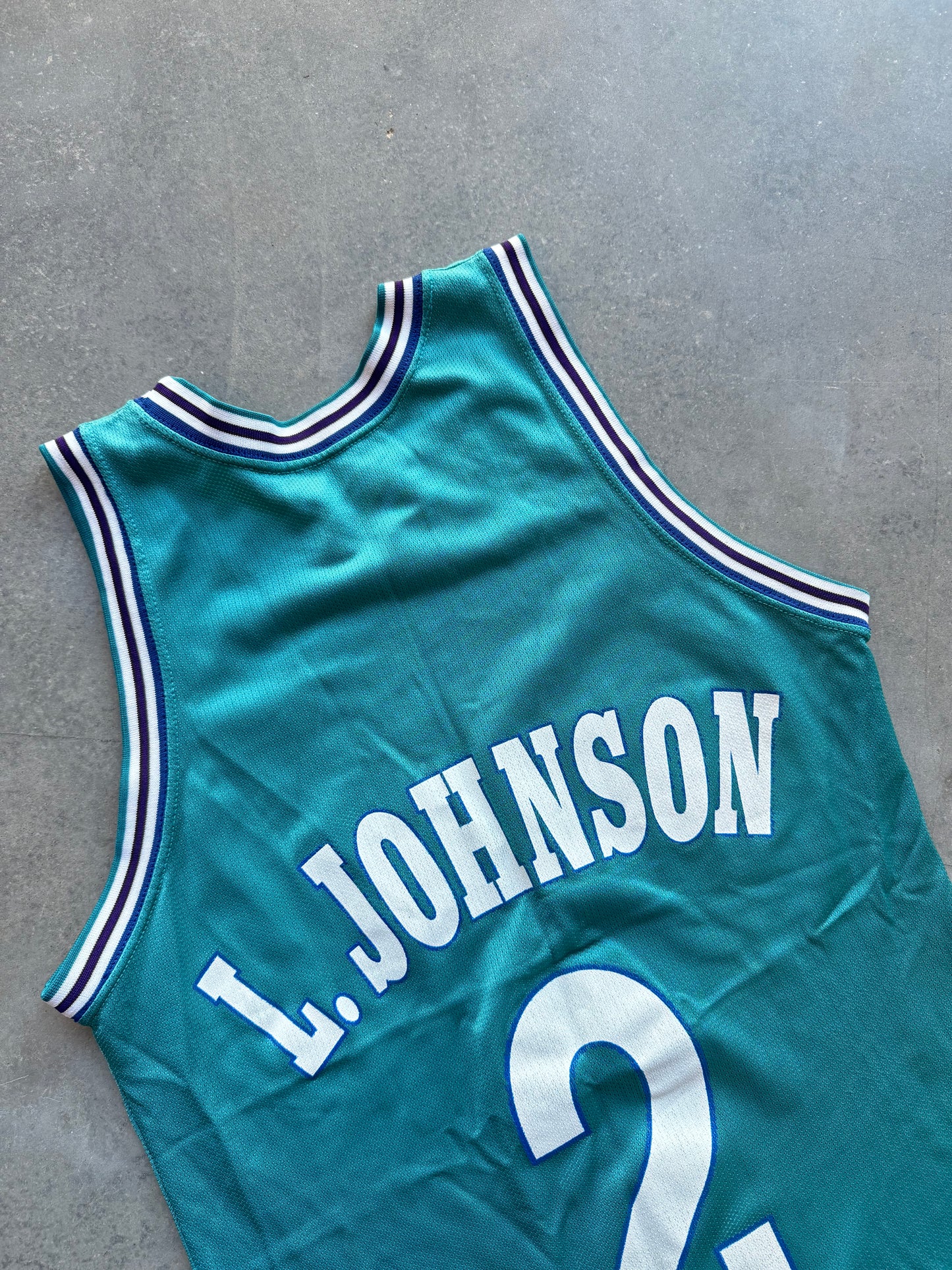 90’s Charlotte Hornets Larry Johnson Vintage Teal Champion NBA Jersey (36/Small)