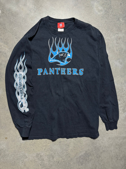 00’s Carolina Panthers Vintage Black Flame Print NFL Longsleeve Tee (Medium)