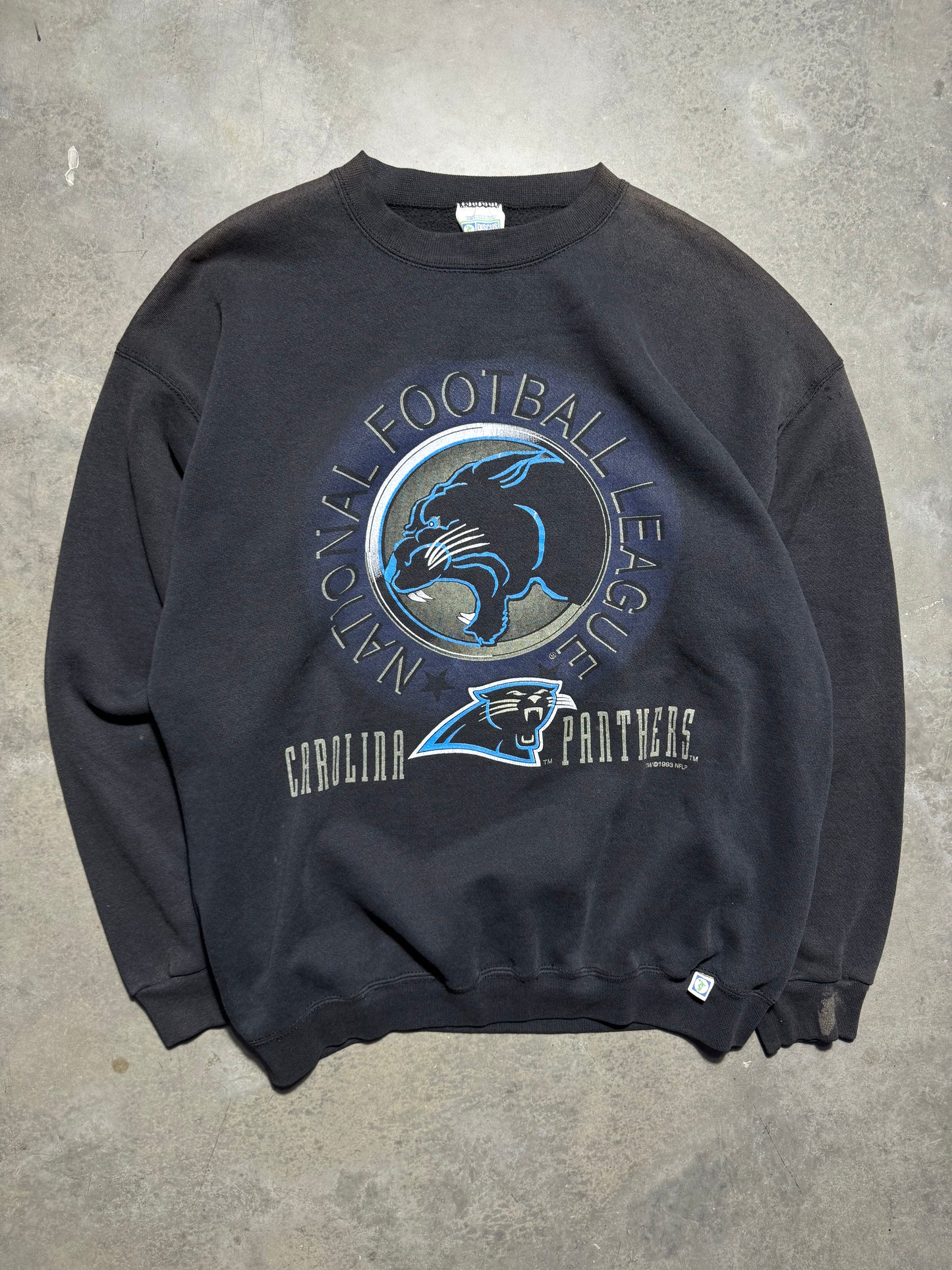 1993 Carolina Panthers Vintage Faded Black Indomitable Spirit Silhouette NFL Crewneck (XL)