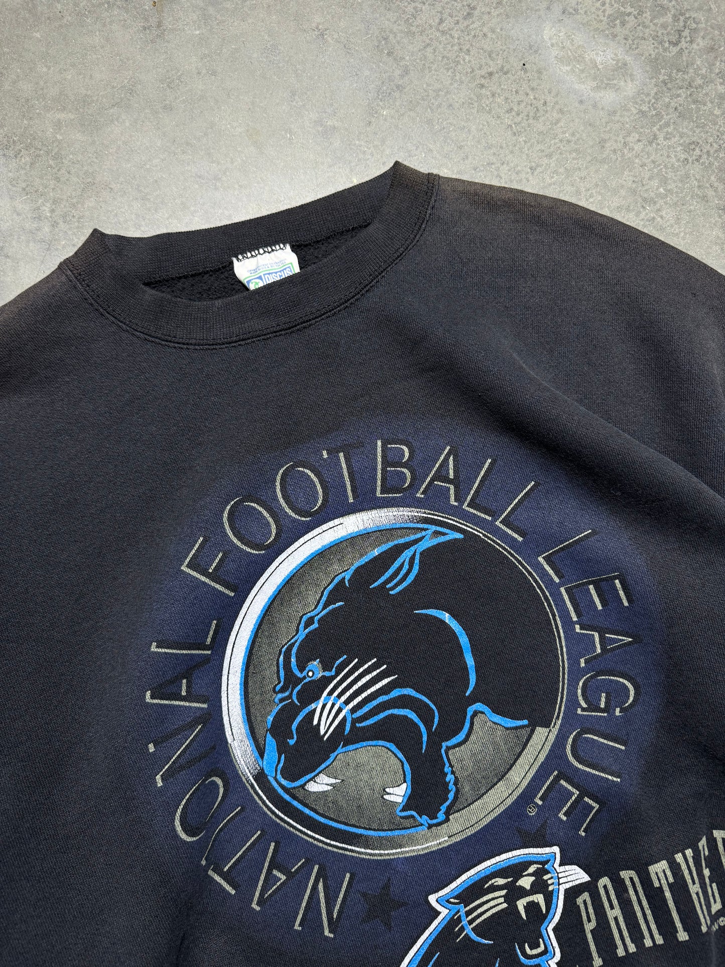 1993 Carolina Panthers Vintage Faded Black Indomitable Spirit Silhouette NFL Crewneck (XL)