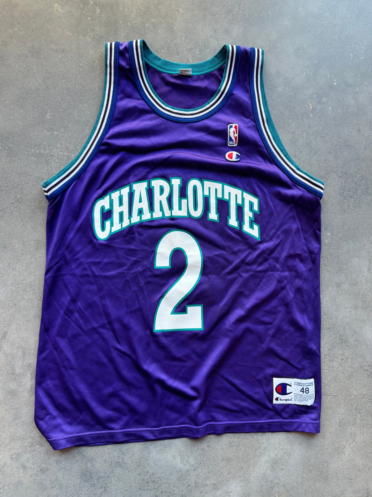 1995 Charlotte Hornets Larry Johnson Grandmama Vintage Purple Alternate Champion NBA Jersey (48/XL)