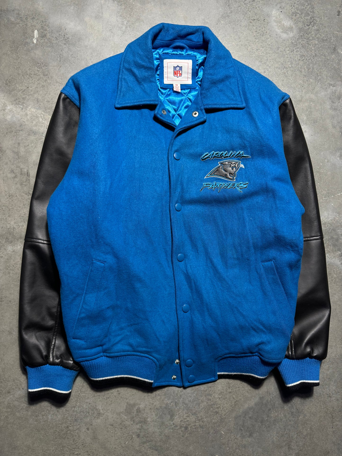 00’s Carolina Panthers Vintage Blue Poly Leather Varsity NFL Letterman Jacket (Medium)