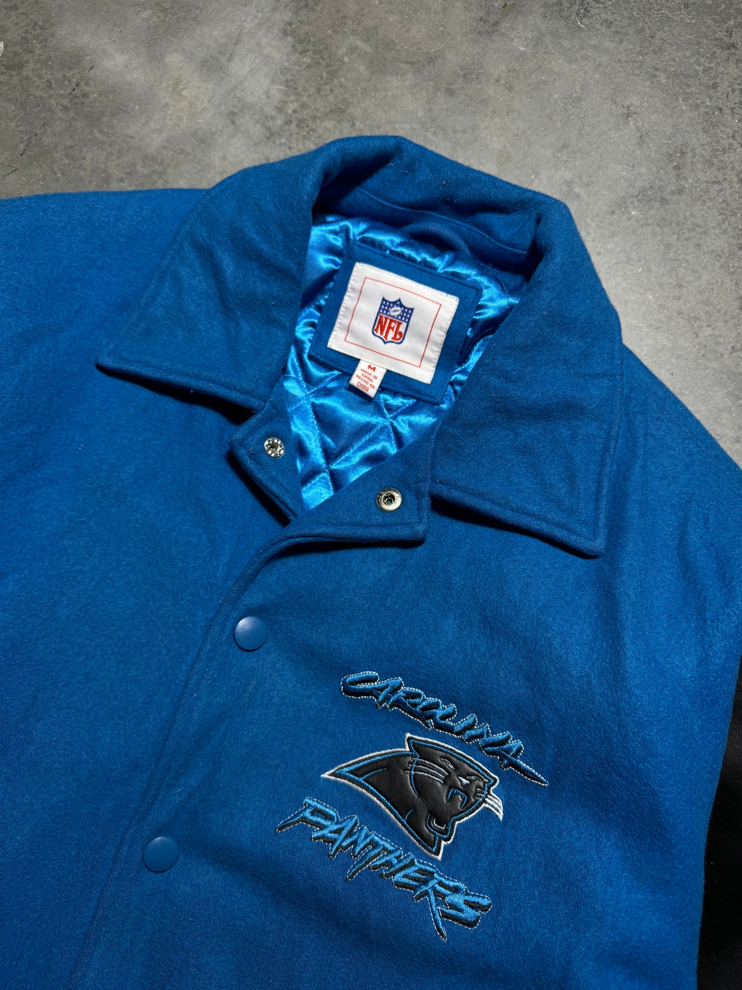 00’s Carolina Panthers Vintage Blue Poly Leather Varsity NFL Letterman Jacket (Medium)