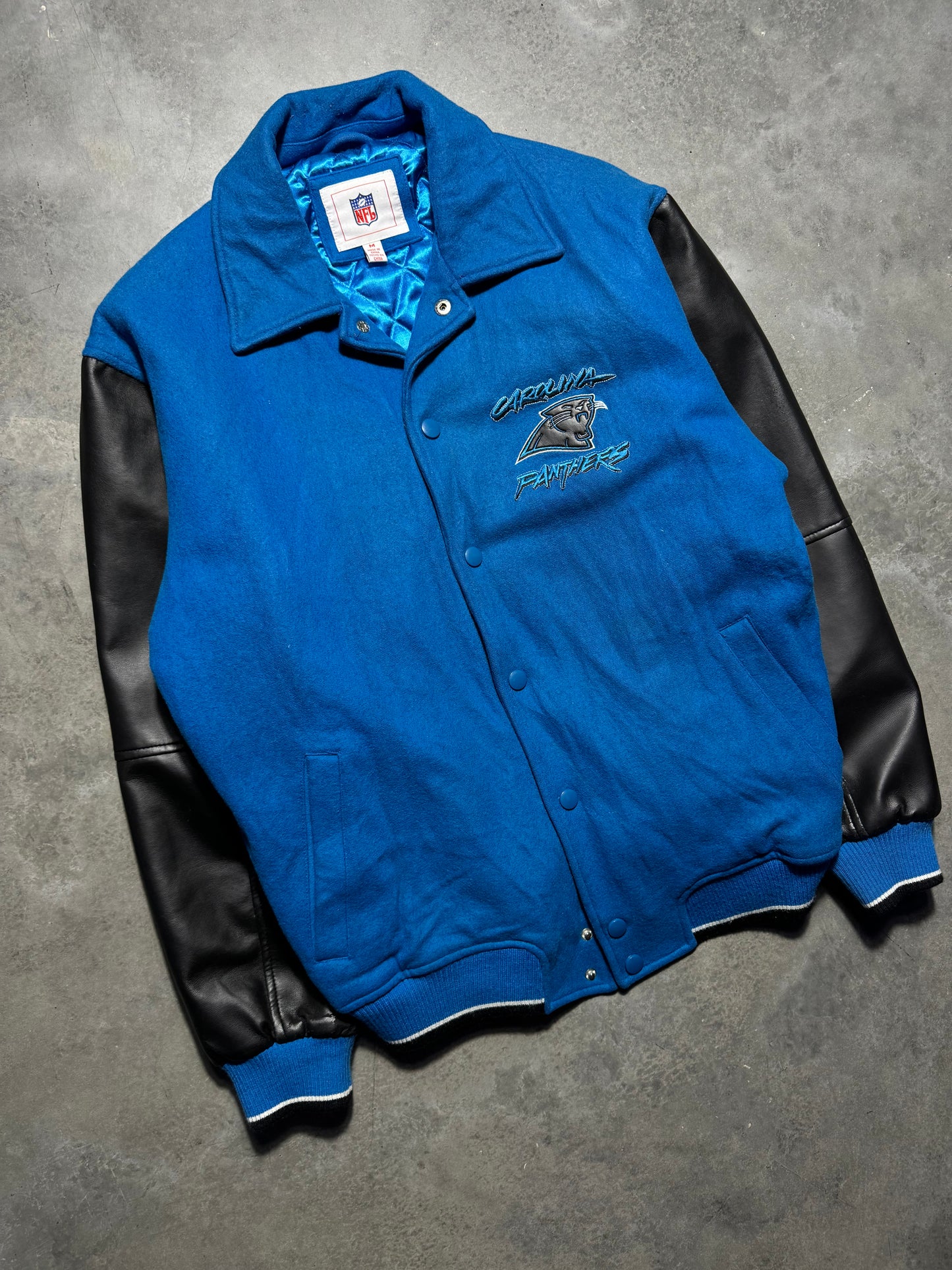 00’s Carolina Panthers Vintage Blue Poly Leather Varsity NFL Letterman Jacket (Medium)