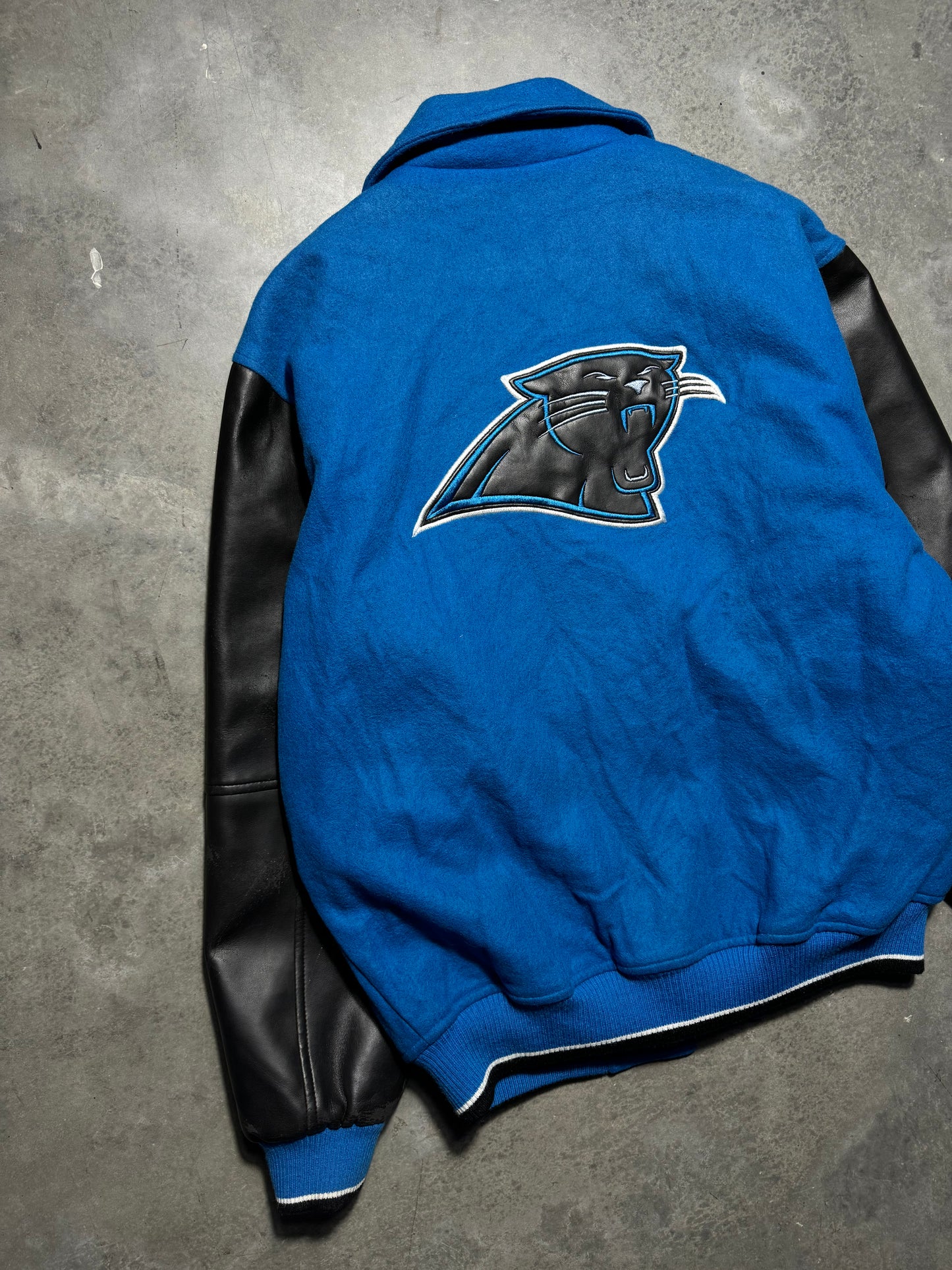 00’s Carolina Panthers Vintage Blue Poly Leather Varsity NFL Letterman Jacket (Medium)