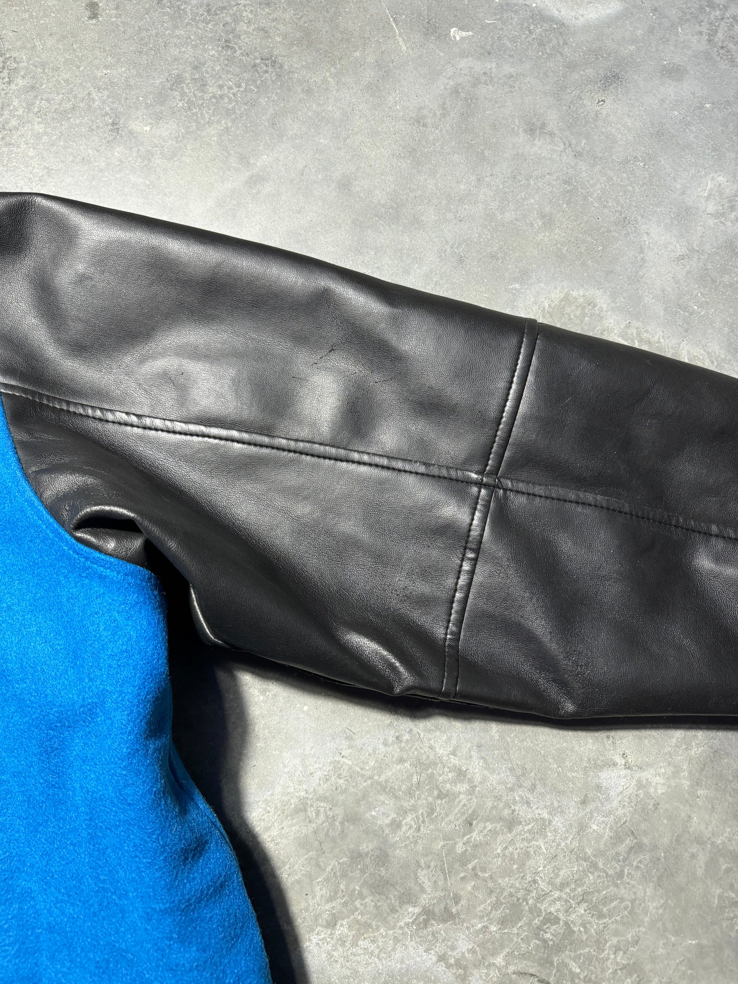 00’s Carolina Panthers Vintage Blue Poly Leather Varsity NFL Letterman Jacket (Medium)