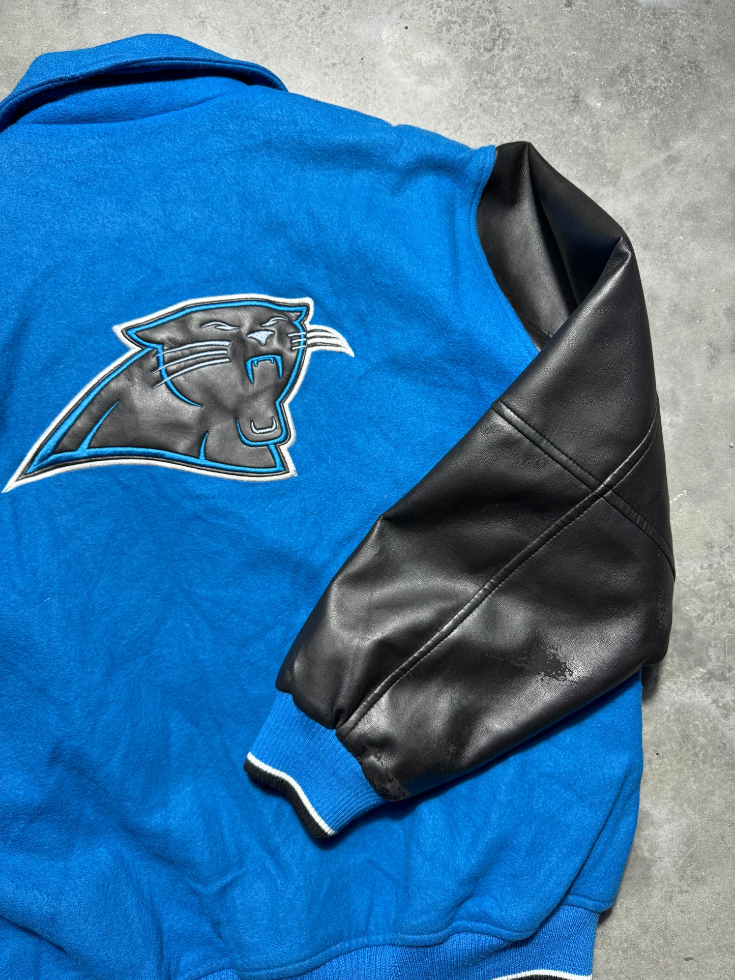 00’s Carolina Panthers Vintage Blue Poly Leather Varsity NFL Letterman Jacket (Medium)