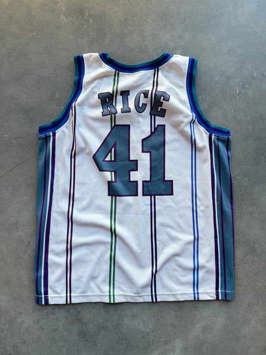 1997/1998 Charlotte Hornets Glen Rice Vintage Euro Release White Pinstriped Champion NBA Jersey (Large)