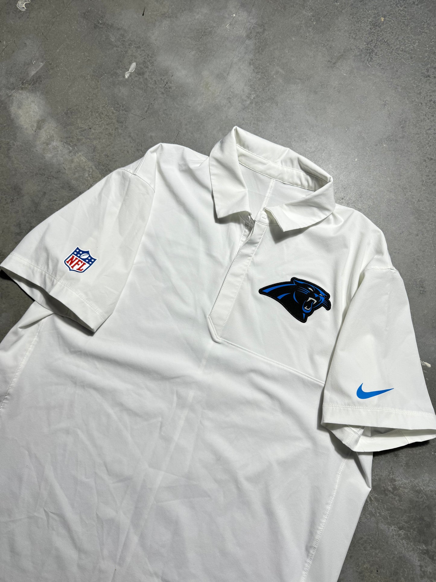 2025 Carolina Panthers White Nike Trainer Style Sideline NFL Polo Collared Shirt (Large)