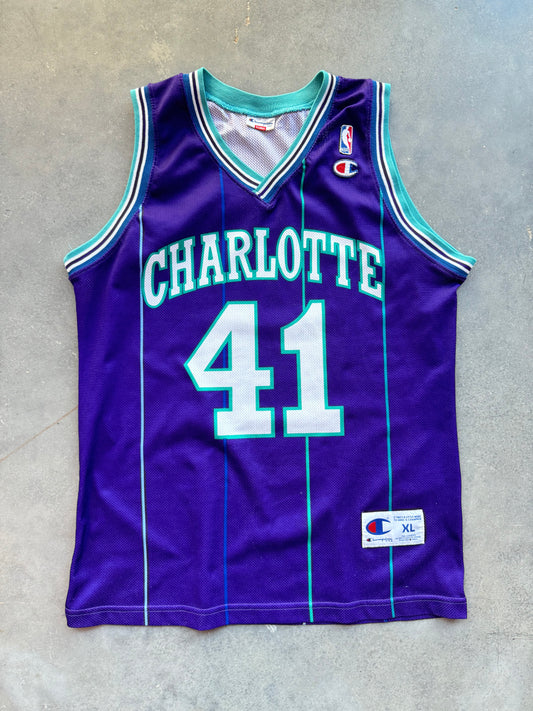 1996/1997 Charlotte Hornets Glen Rice Vintage Euro Release Purple Pinstriped Champion NBA Jersey (XL)