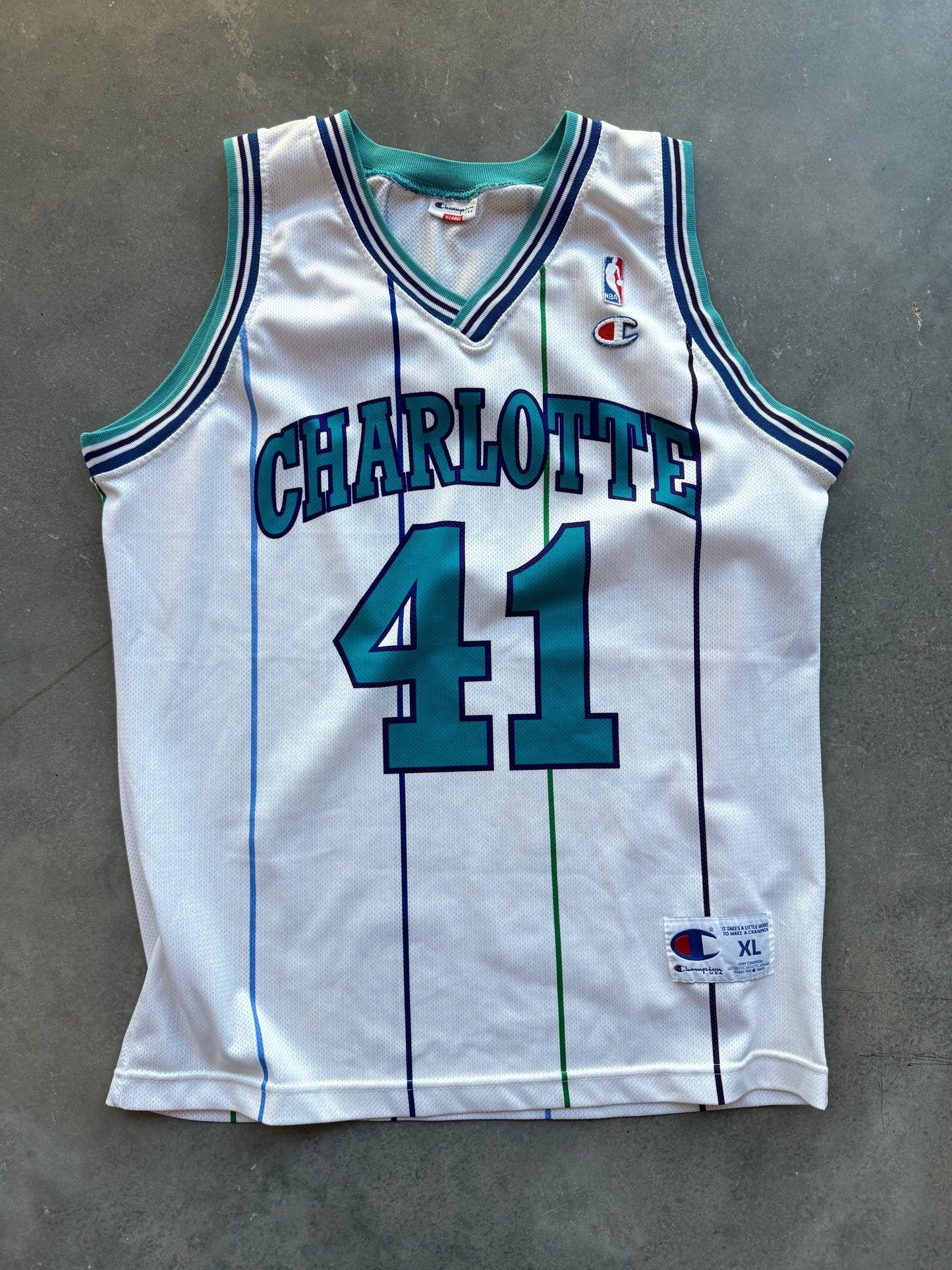 1996/1997 Charlotte Hornets Glen Rice Vintage Euro Release White Pinstriped Champion NBA Jersey (XL)