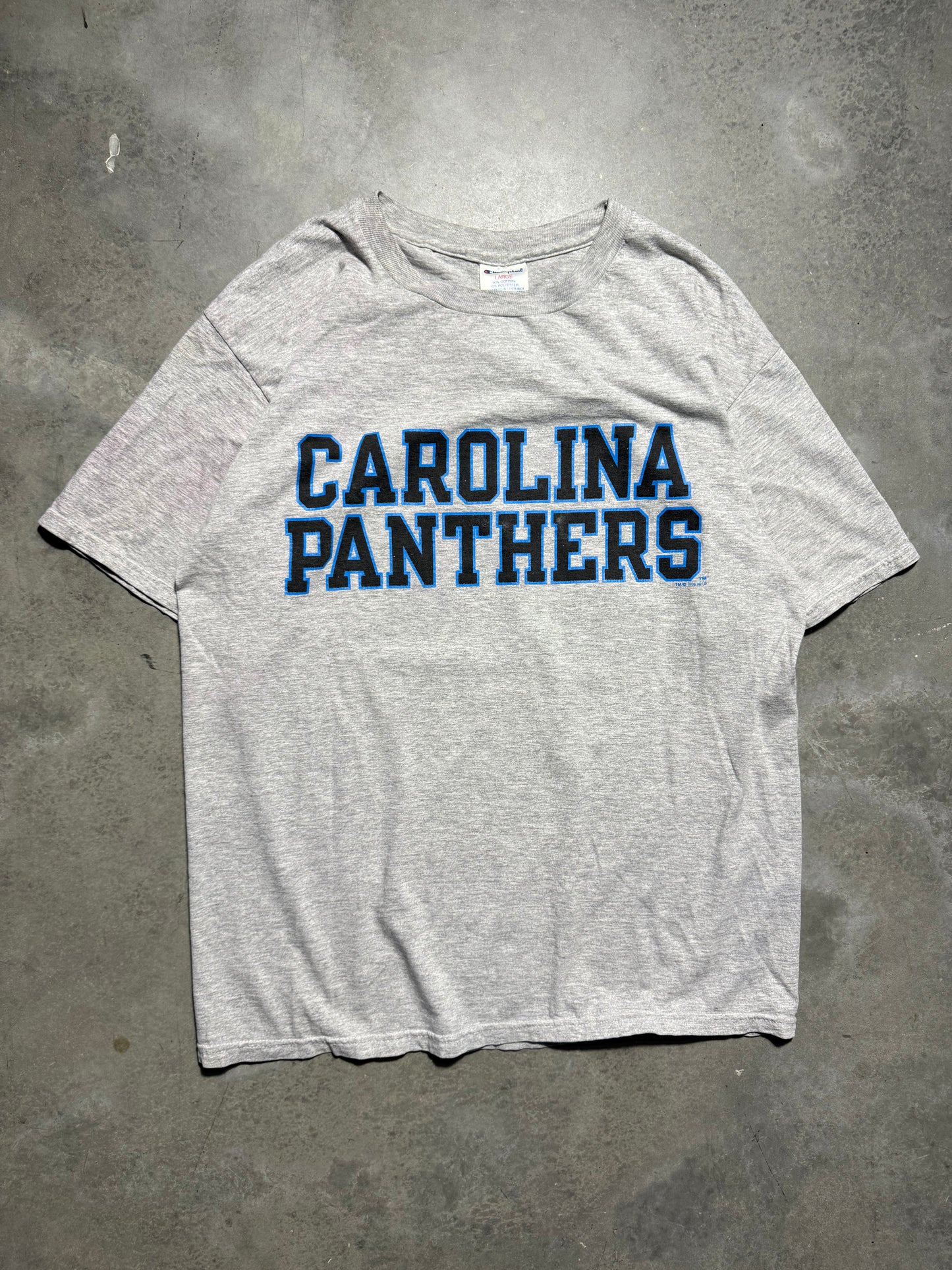 1996 Carolina Panthers Vintage Grey Champion Practice Style NFL Spellout Tee (Large)