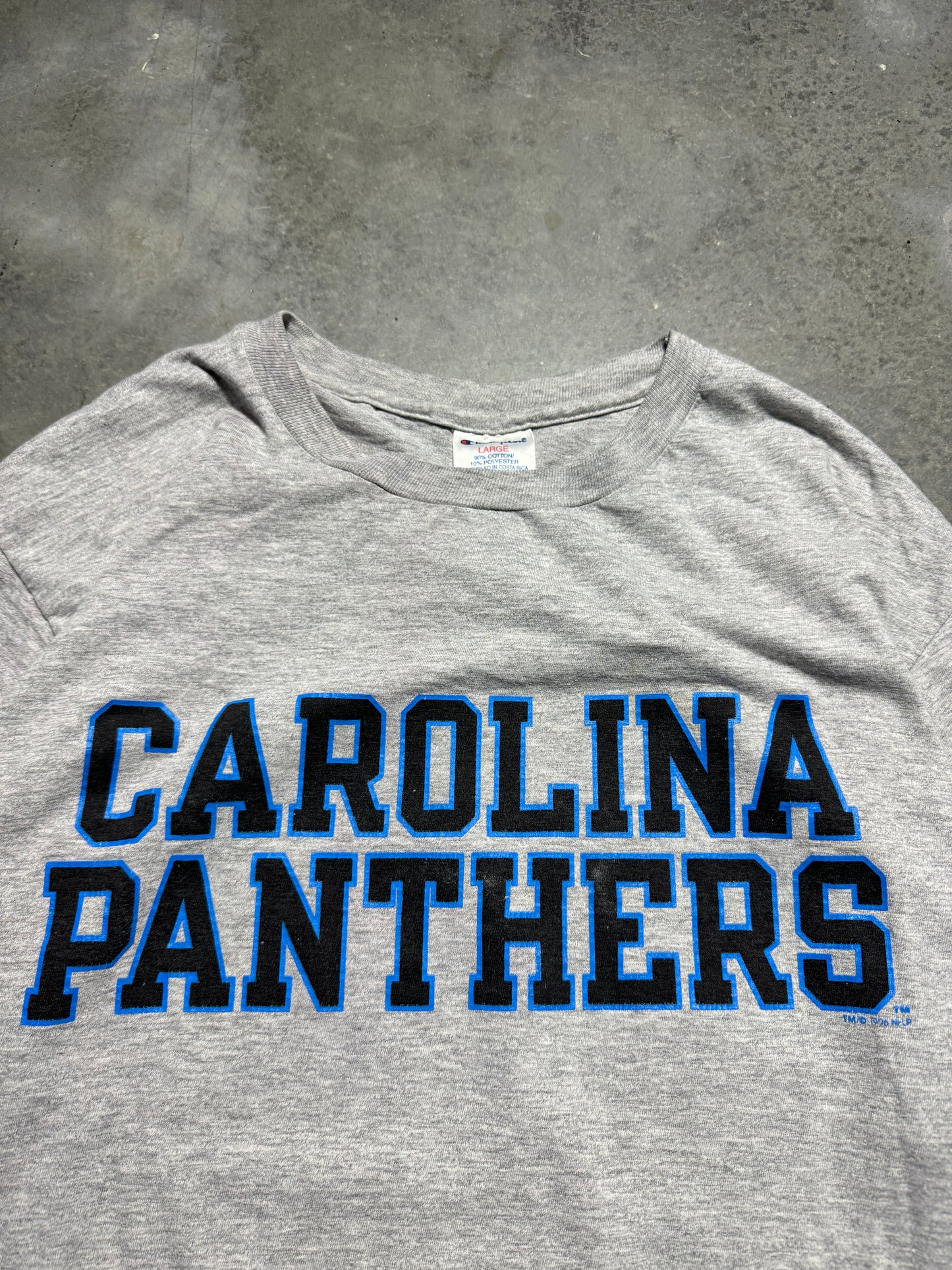 1996 Carolina Panthers Vintage Grey Champion Practice Style NFL Spellout Tee (Large)