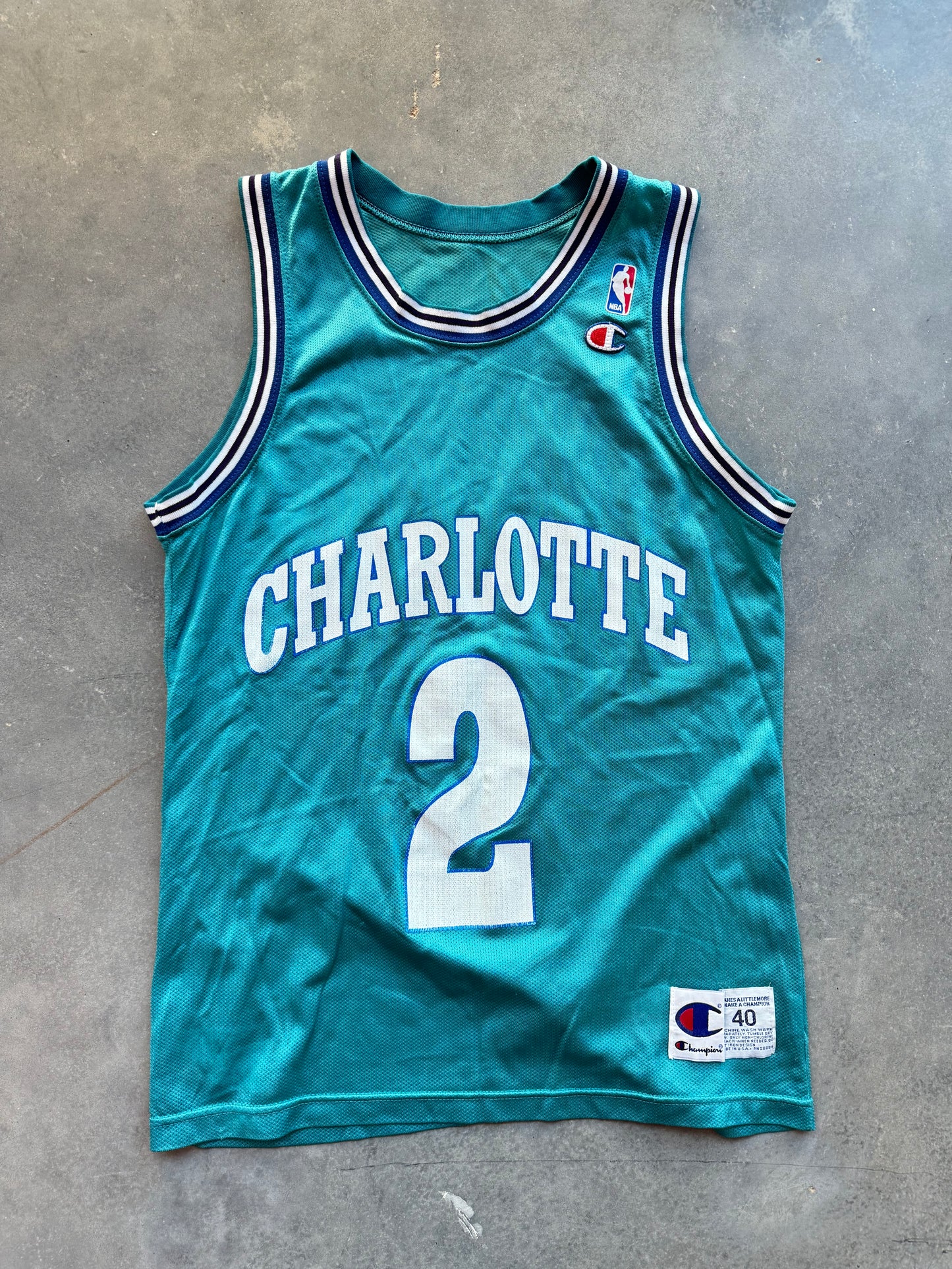 90’s Charlotte Hornets Larry Johnson Grandmama Vintage Teal Champion NBA Jersey (40/Medium)