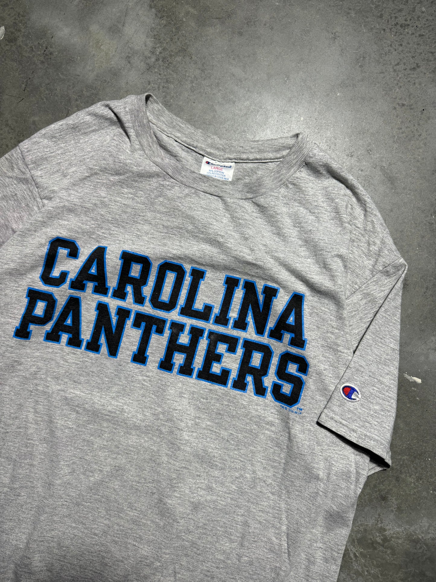 1996 Carolina Panthers Vintage Grey Champion Practice Style NFL Spellout Tee (Large)