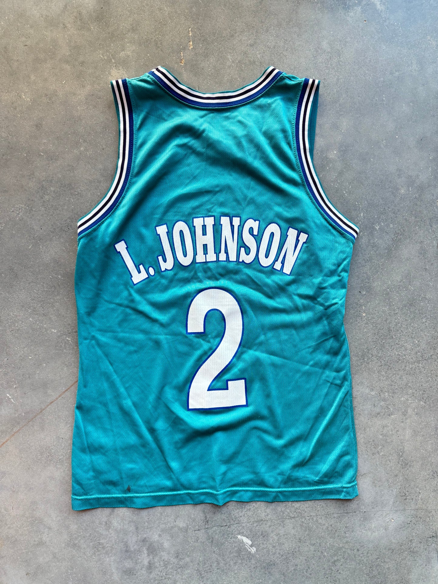 90’s Charlotte Hornets Larry Johnson Grandmama Vintage Teal Champion NBA Jersey (40/Medium)