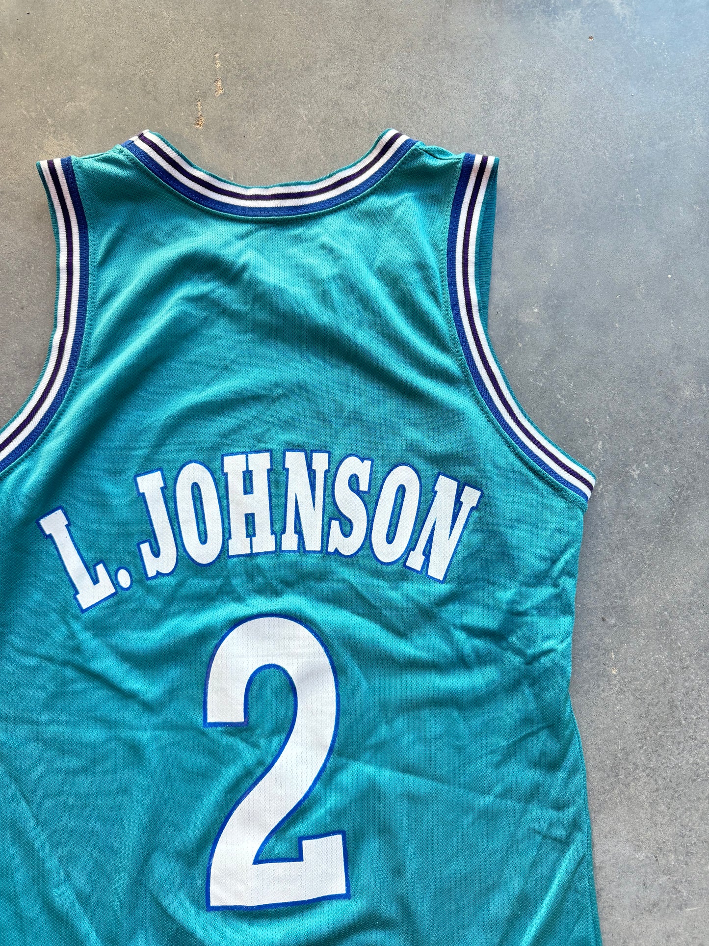 90’s Charlotte Hornets Larry Johnson Grandmama Vintage Teal Champion NBA Jersey (40/Medium)