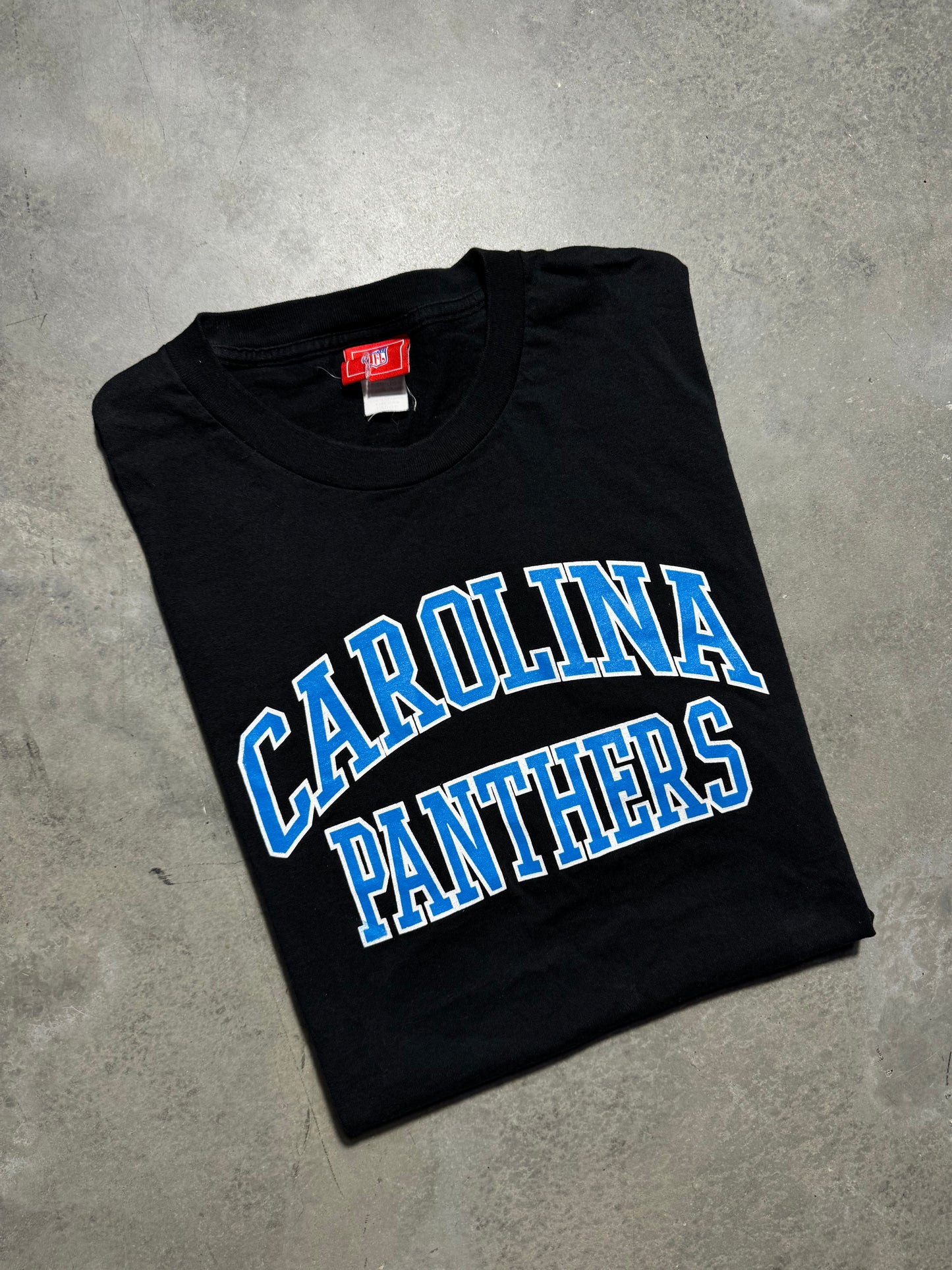 00’s Carolina Panthers Vintage Black Arch Block Letter Spellout NFL Tee (Large)