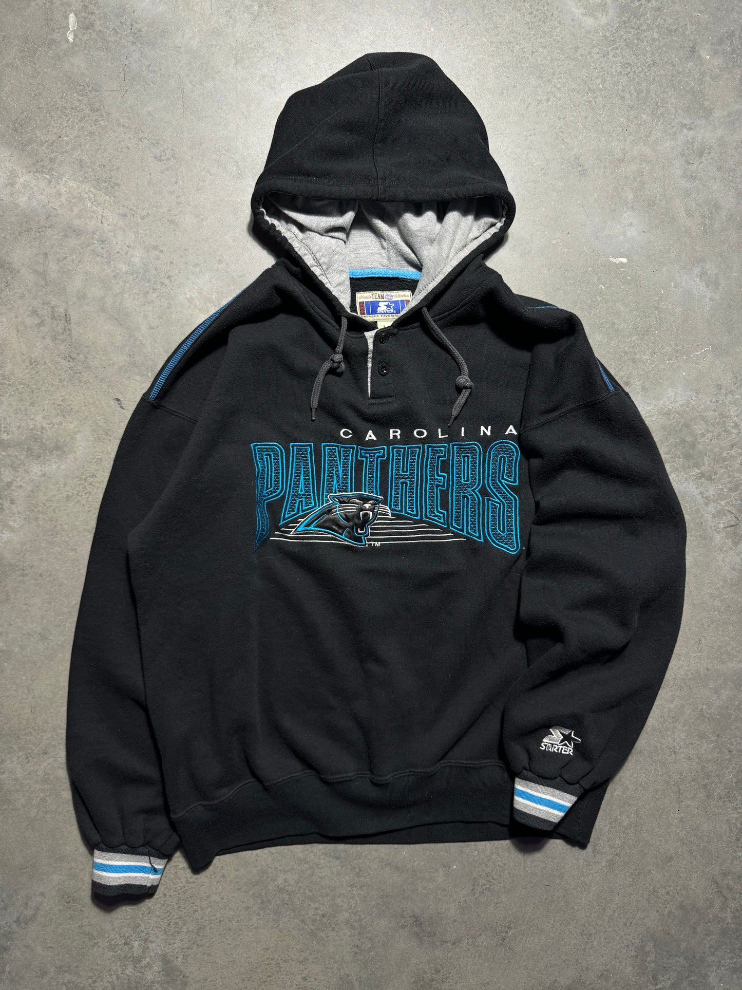 90’s Carolina Panthers Vintage Black Embroidered Starter NFL Hoodie (Large)
