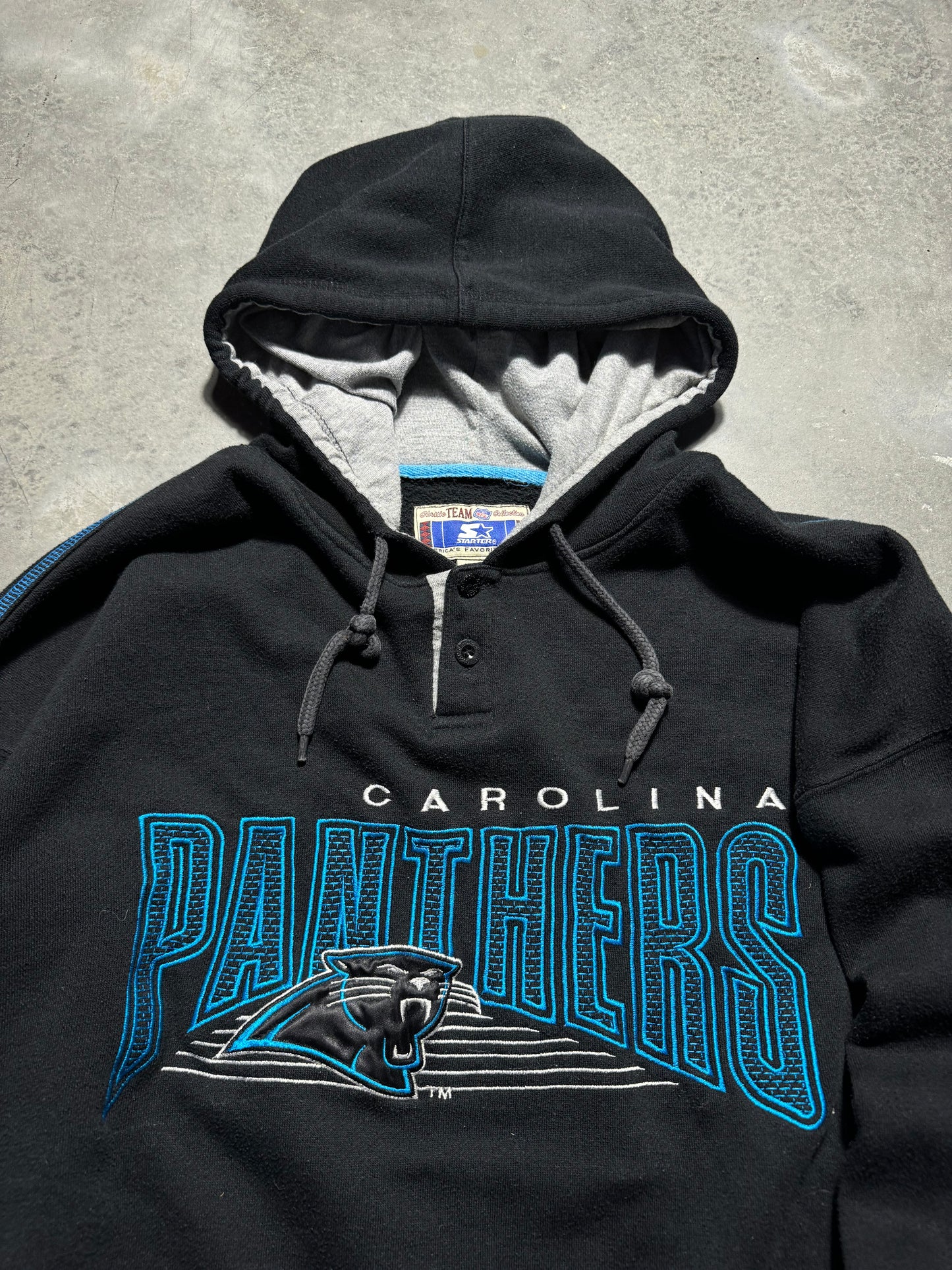 90’s Carolina Panthers Vintage Black Embroidered Starter NFL Hoodie (Large)