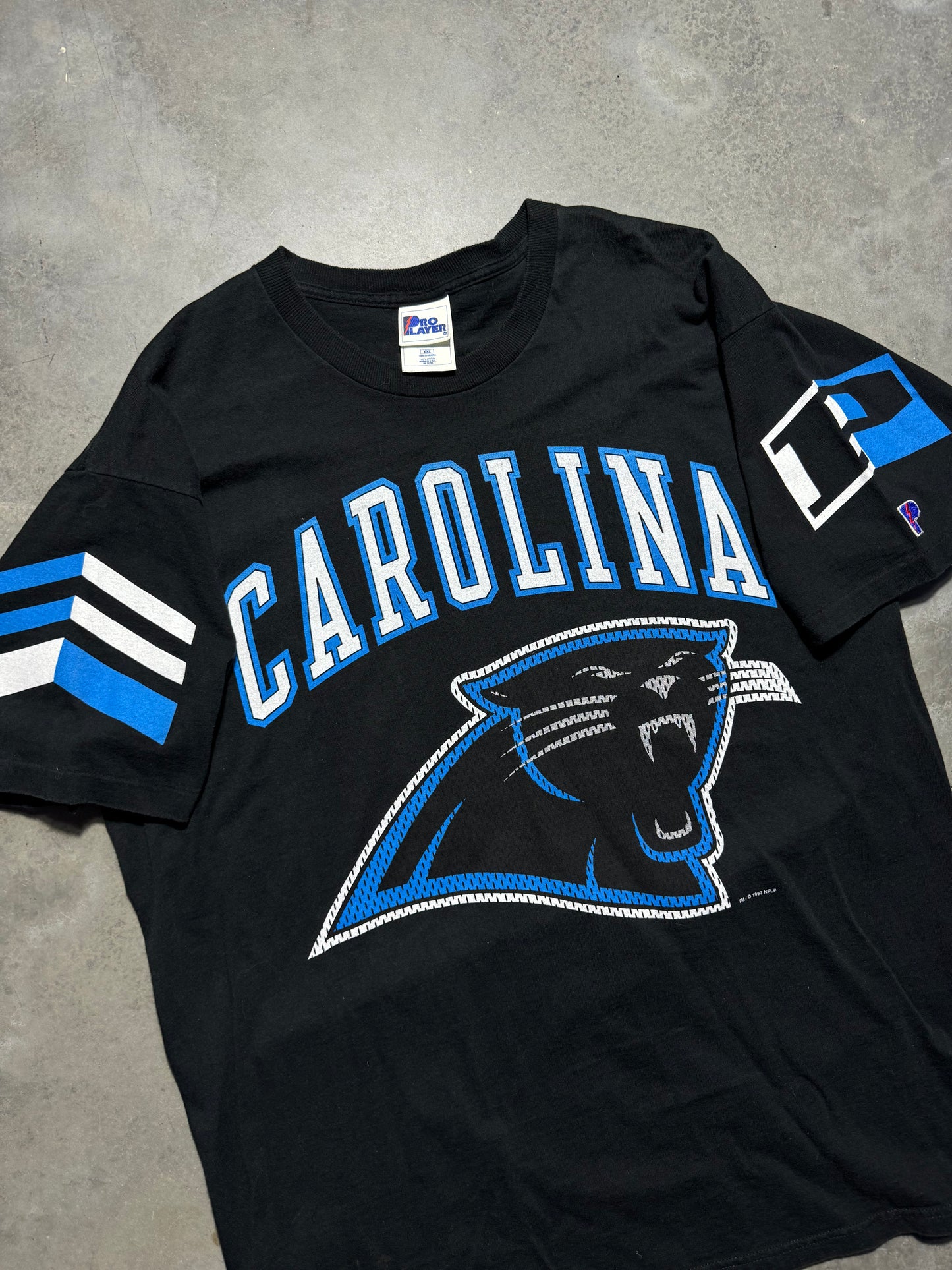 1997 Carolina Panthers Vintags Black Pro Player Multi Logo NFL Tee (XXL)