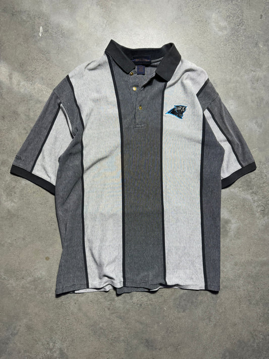 90’s Carolina Panthers Vintage Grey Striped Antigua NFL Polo Collared Shirt (Large)