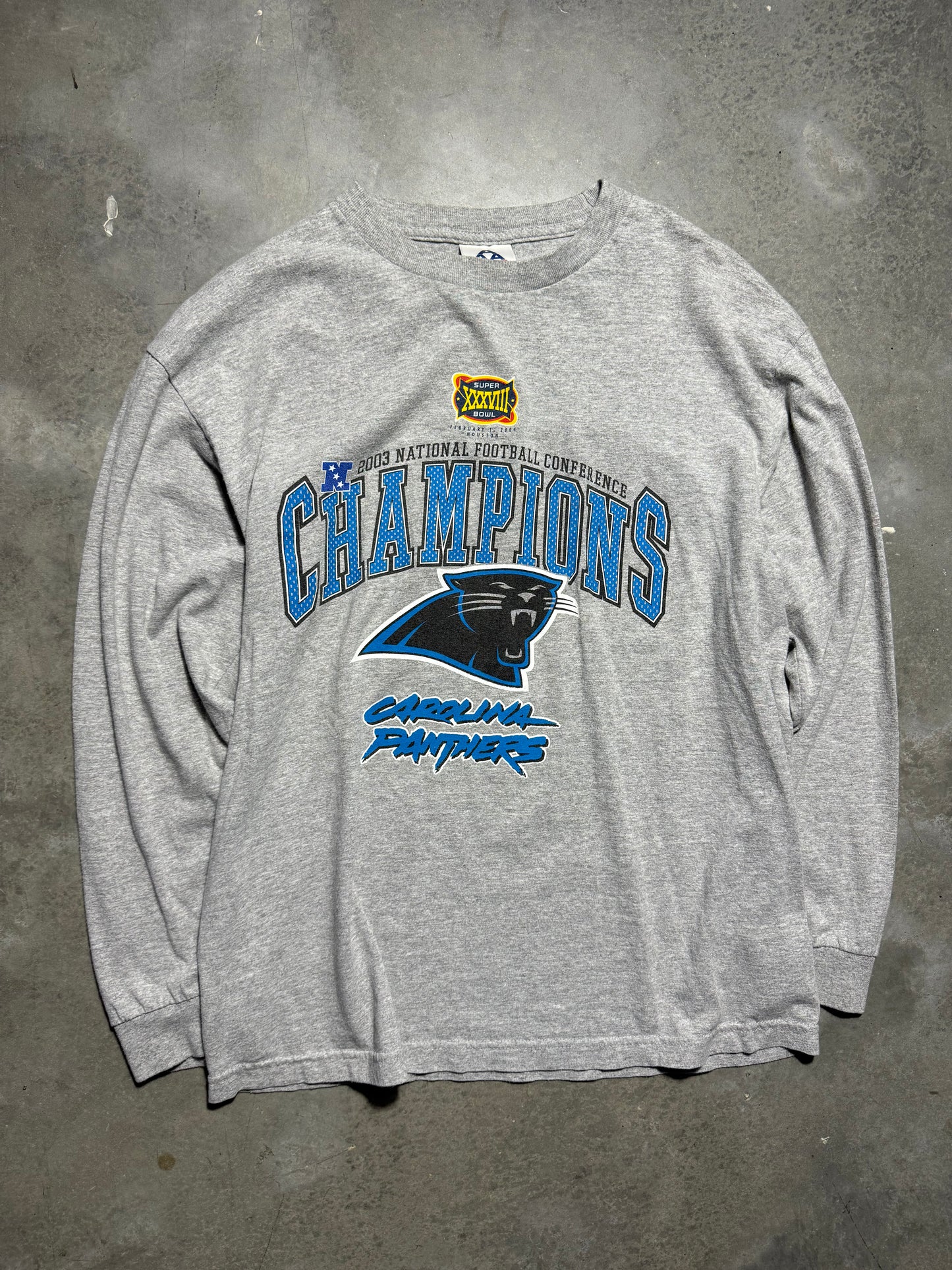 2003 Carolina Panthers Vintage Grey NFC Champions Super Bowl XXXVIII Cat Scratch Font NFL Longsleeve Tee (Large)